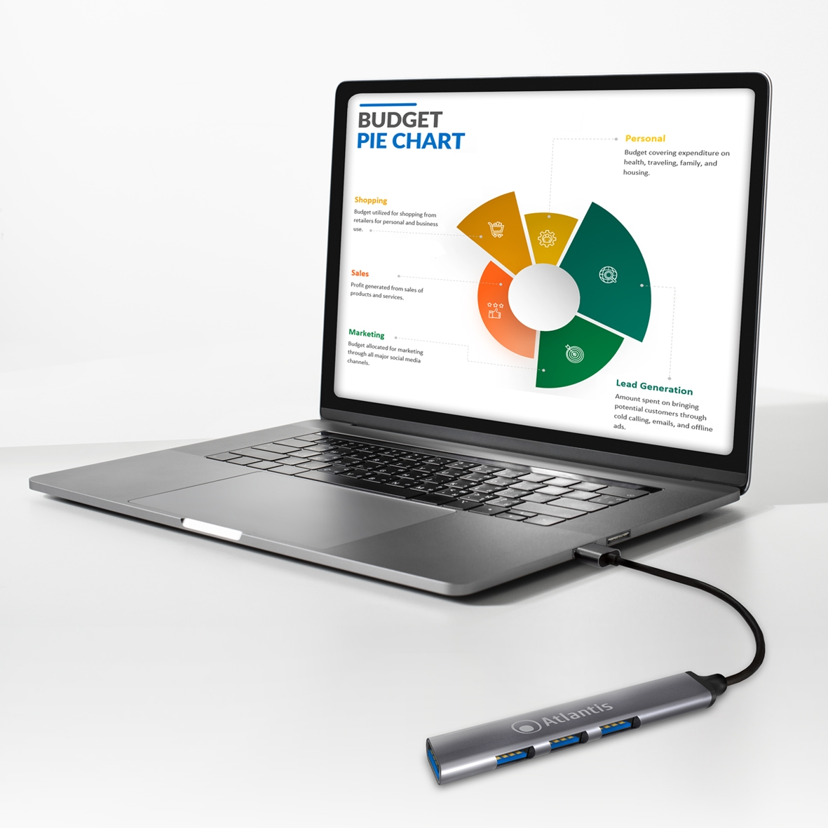 Laptop visualizza un grafico a torta del budget. Un hub USB è collegato.