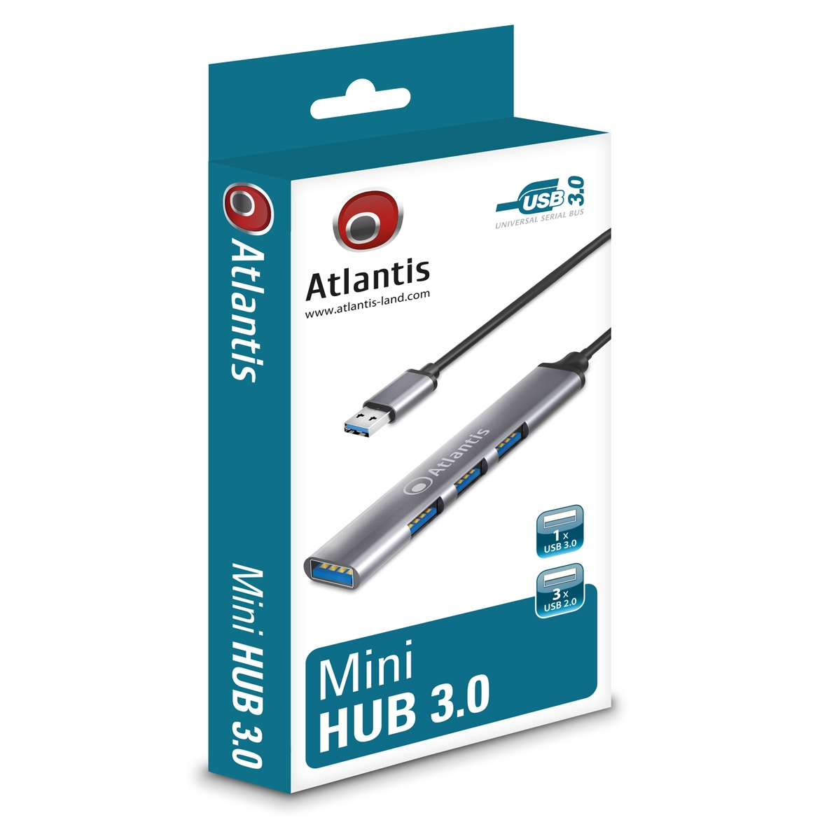 Atlantis Mini Hub 3.0 con una porta USB 3.0 e tre porte USB 2.0 sulla confezione.