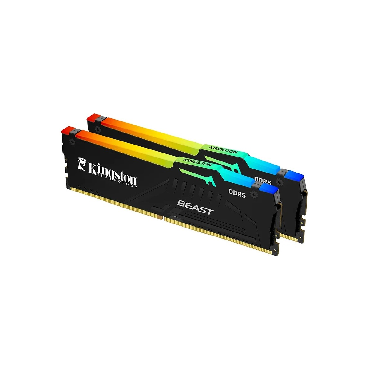 Mavi, yeşil ve turuncu RGB aydınlatmalı iki siyah Kingston DDR5 RAM modülü.
