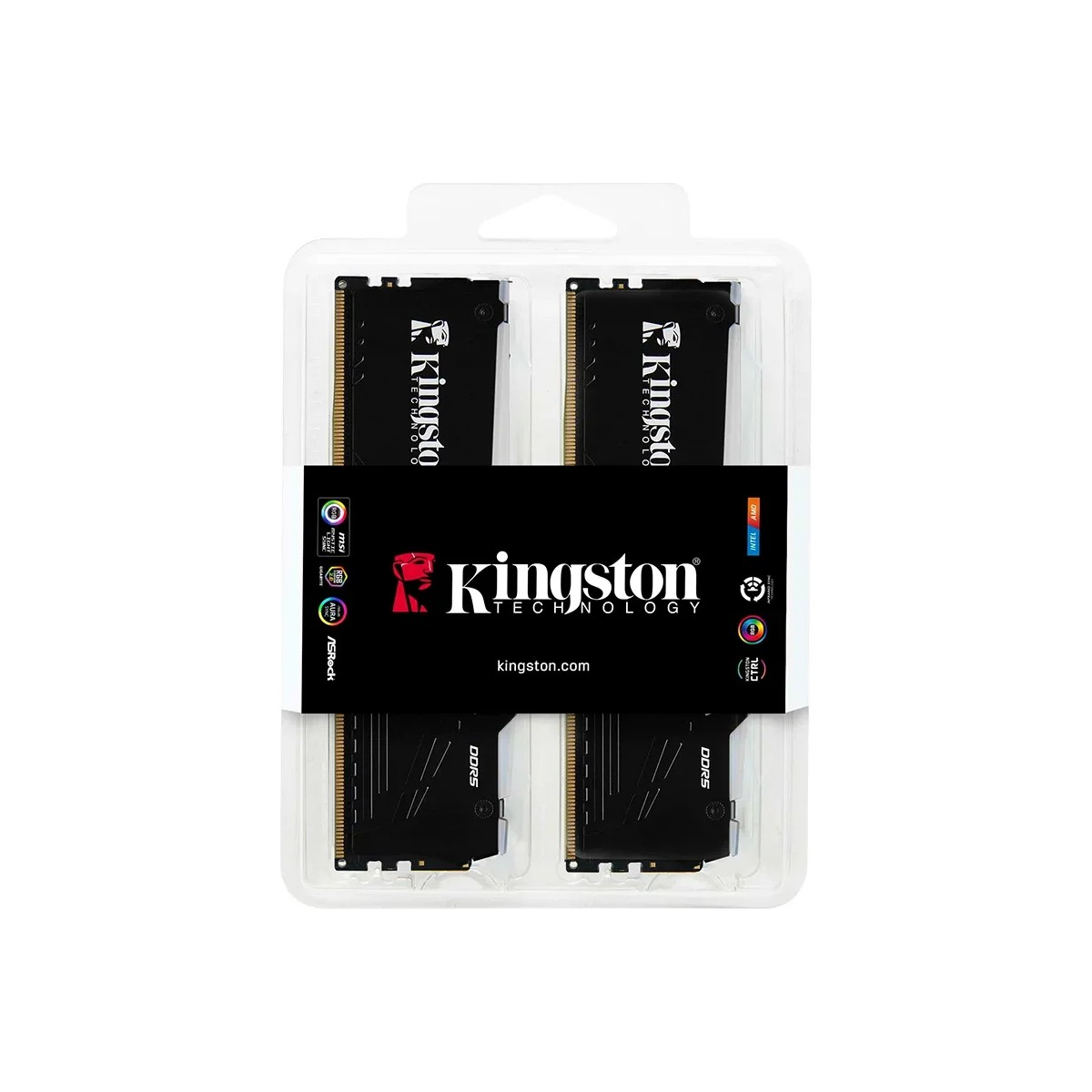 Logolu ambalajda iki adet Kingston DDR5 RAM modülü.