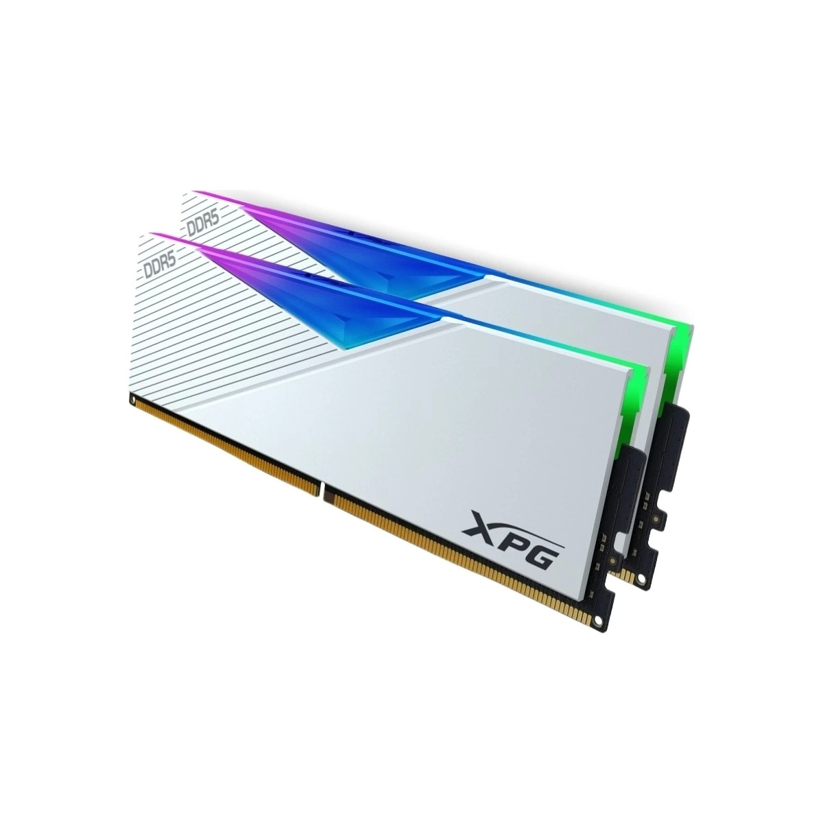 Yukarıda mavi ve mor, yanda yeşil vurgulara sahip iki beyaz DDR5 RAM modülü.