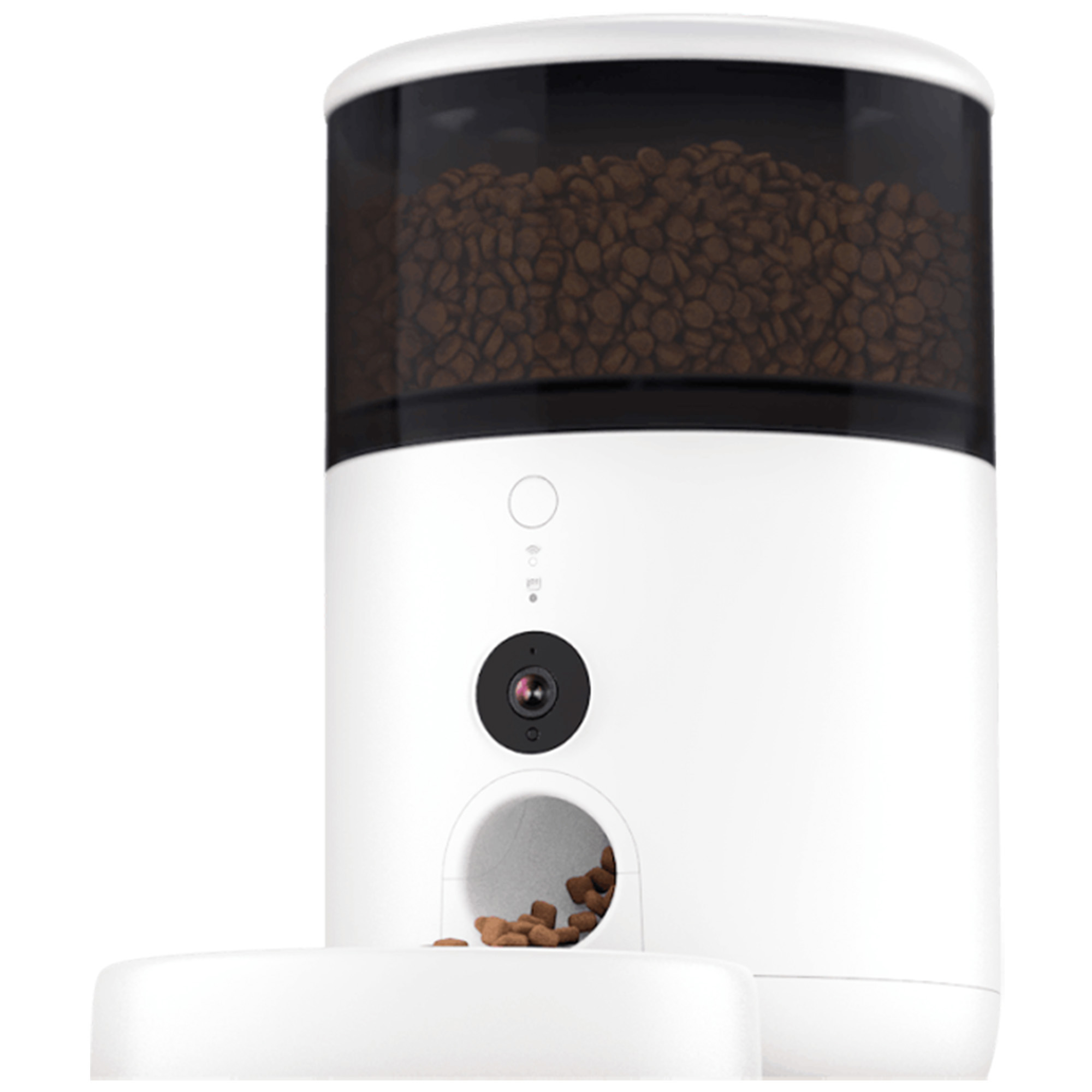 Biały automatyczny podajnik karmy dla zwierząt z kamerą i pełnym pojemnikiem.
