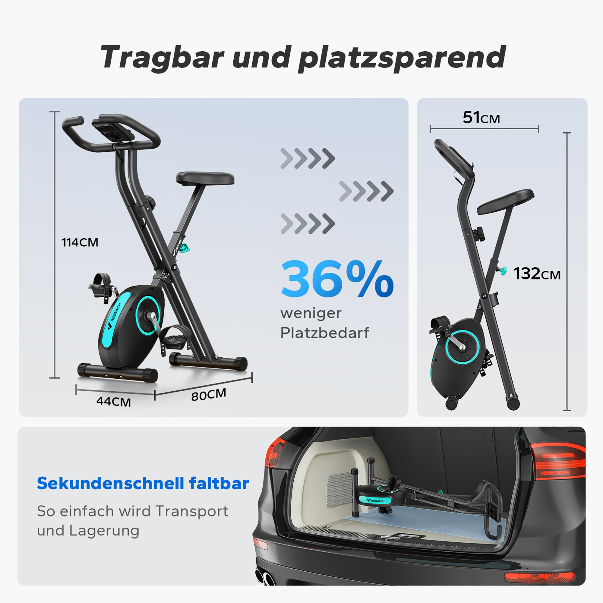 Ein schwarzes, faltbares Trainingsrad mit blauen Akzenten wird gezeigt.