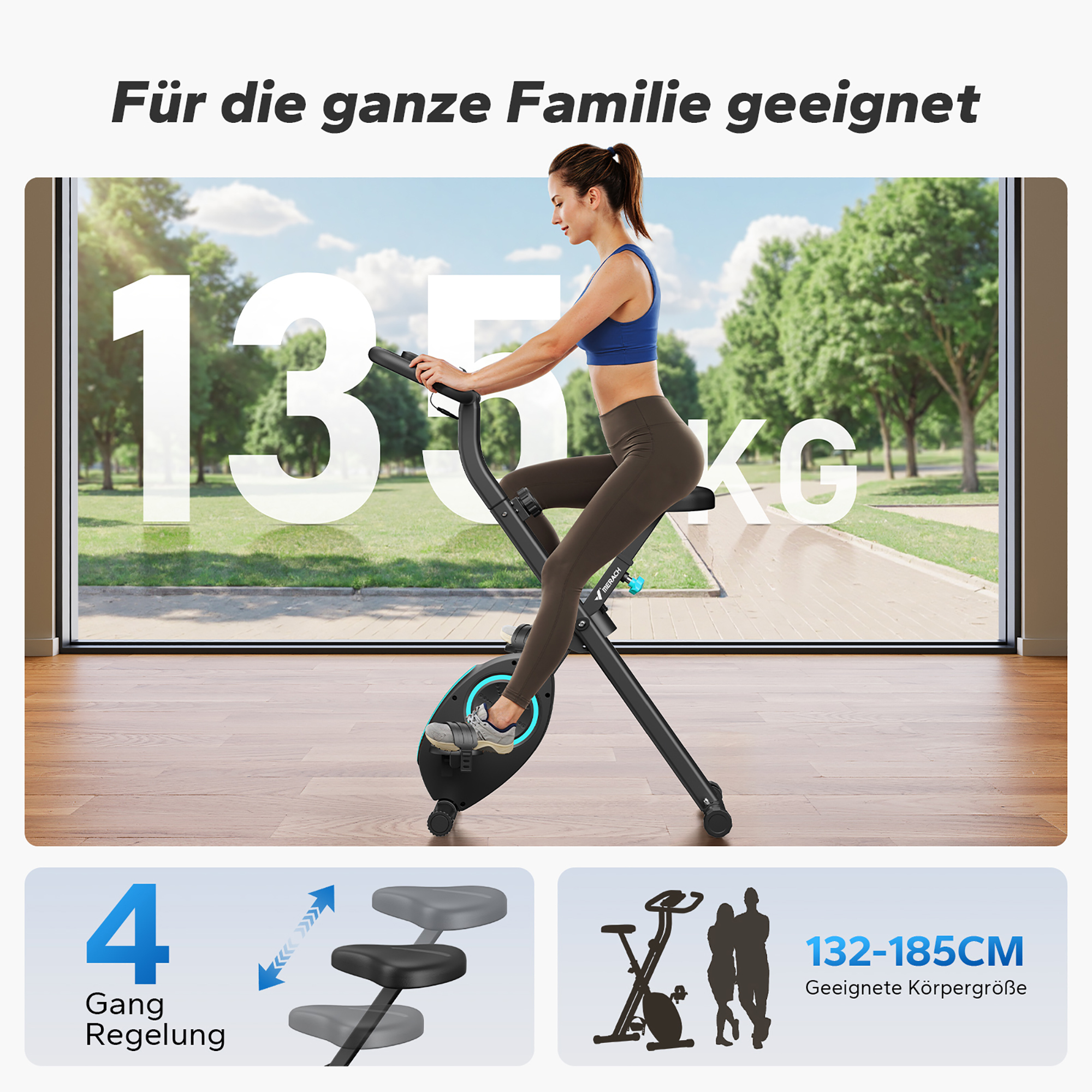 Frau auf einem Heimtrainer vor einem Fenster mit Bäumen. Gewicht 135kg.