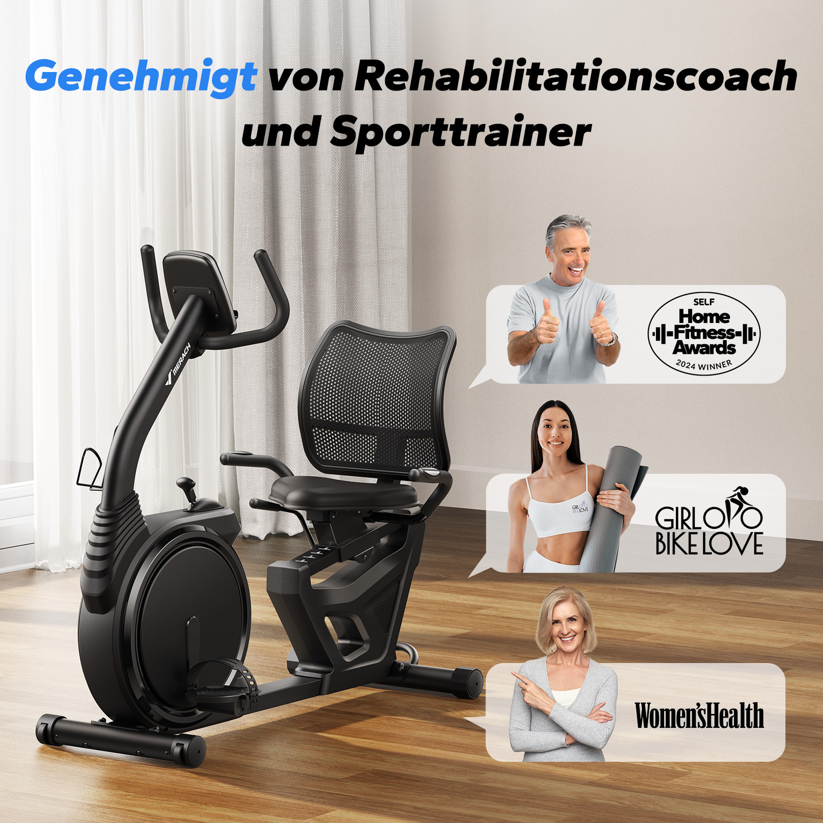 Schwarzes Heimtrainer-Fahrrad mit drei Personen, die es empfehlen.