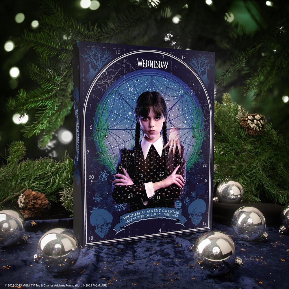 Mittwoch-Adventskalender mit Wednesday Addams vor einem Spinnennetz-Design.