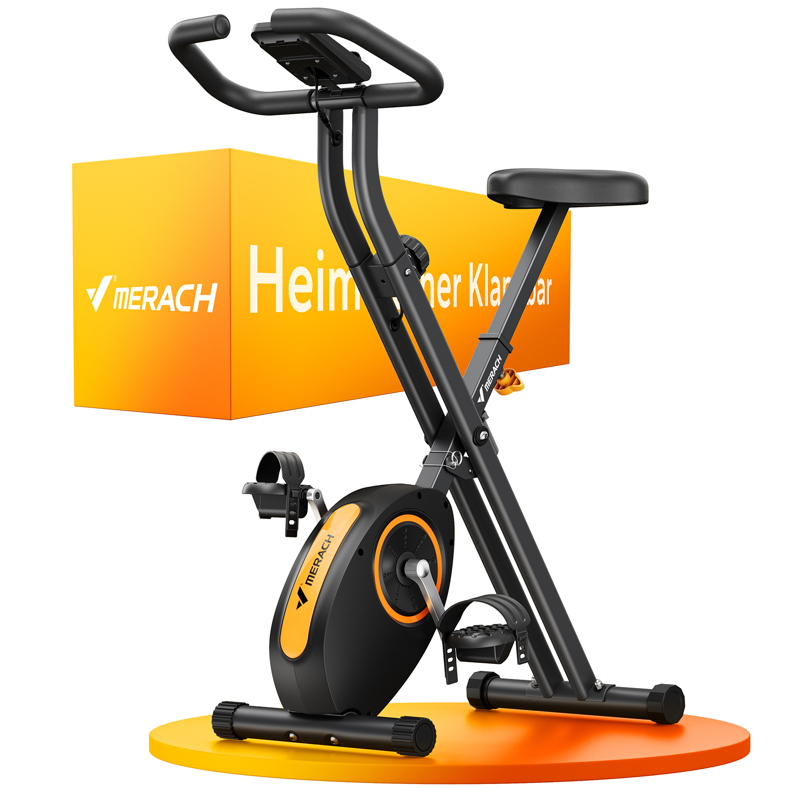 Ein schwarzes Klappfahrrad mit orangefarbenen Akzenten auf einem runden, orangefarbenen Podest.