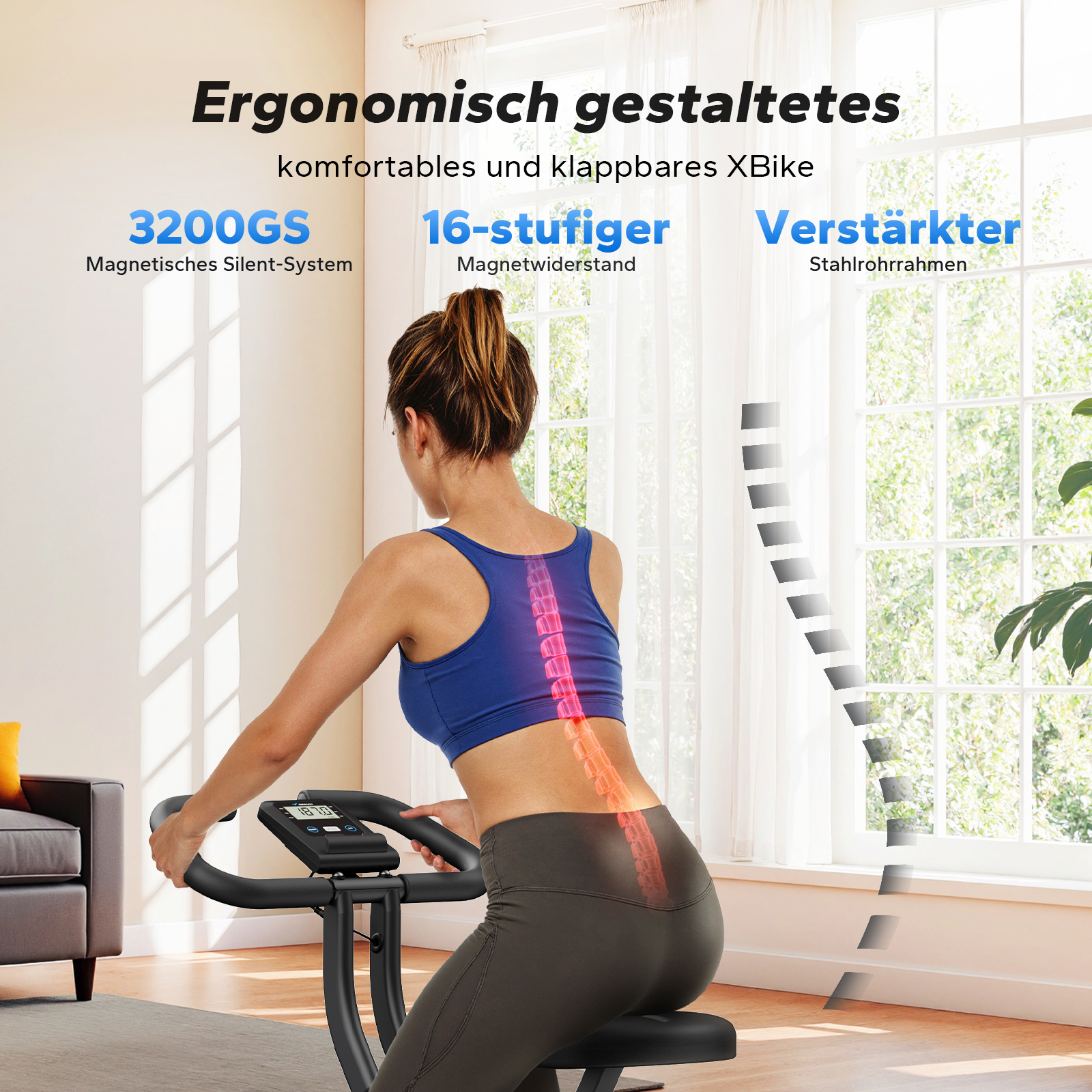 Frau auf einem XBike mit aufleuchtender Wirbelsäule, ergonomisch gestaltet.