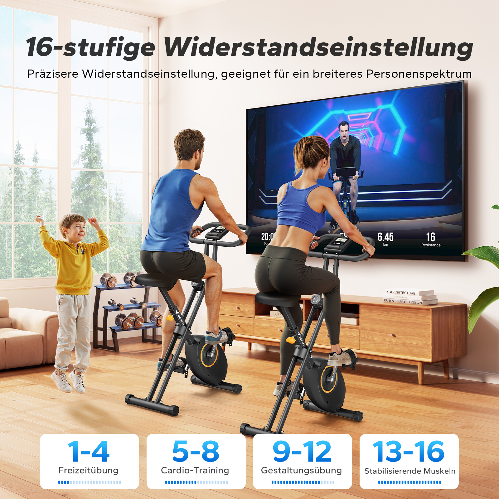 Ein Mann und eine Frau trainieren auf Heimtrainer, ein Kind jubelt. 16 Widerstandsstufen.