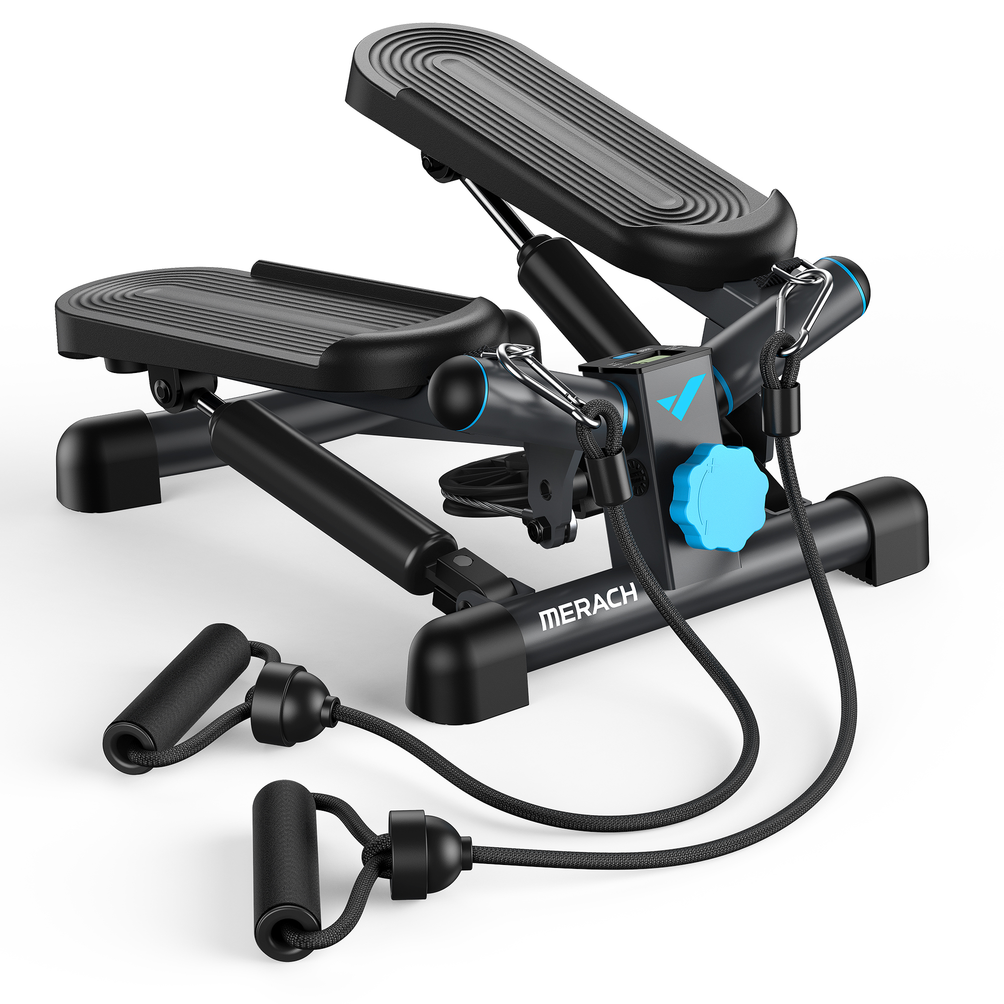 Schwarzer Heimtrainer-Stepper mit blauen Akzenten und Widerstandsbändern.