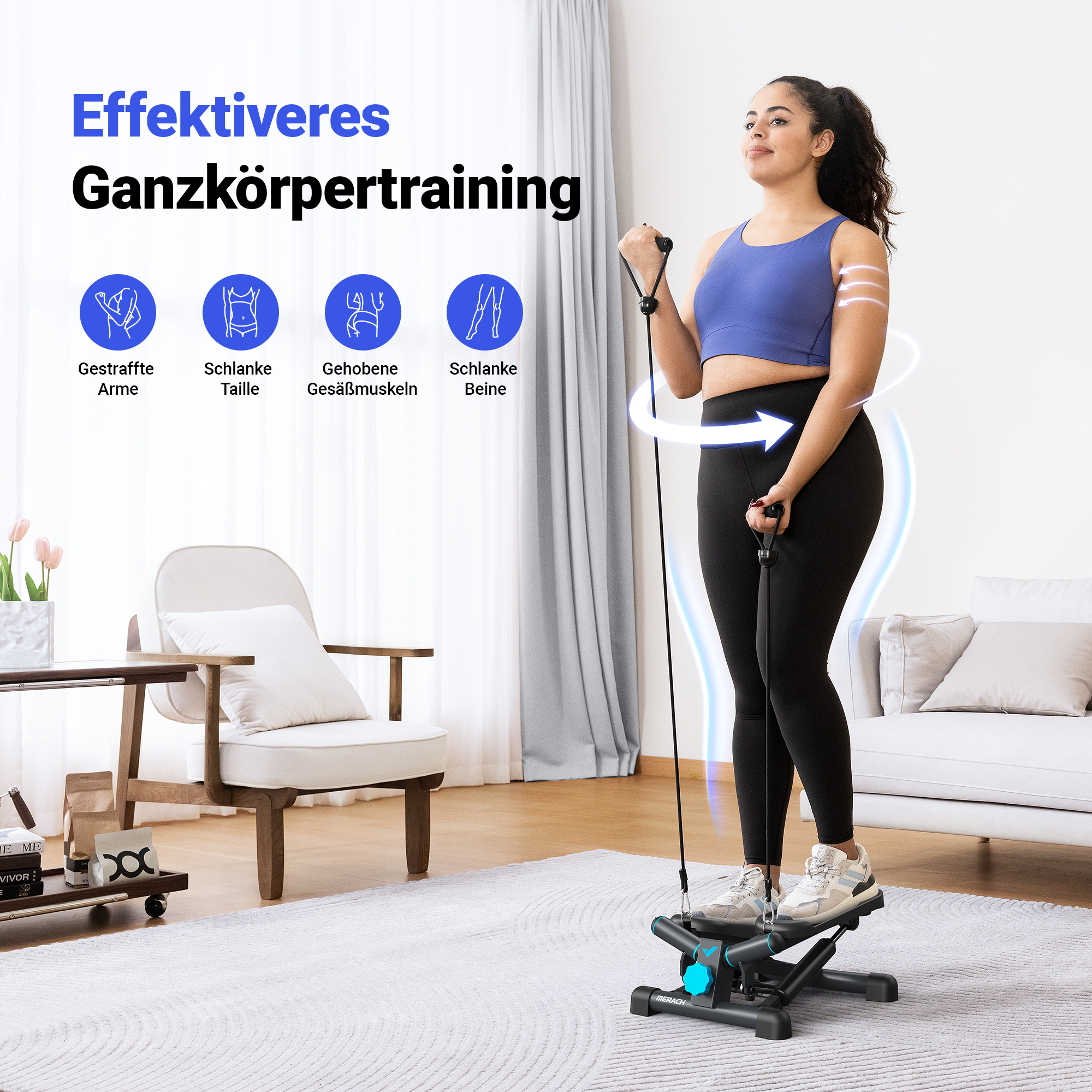 Frau trainiert mit Stepper und Band für Ganzkörper. Icons zeigen Arme, Taille, Po, Beine.