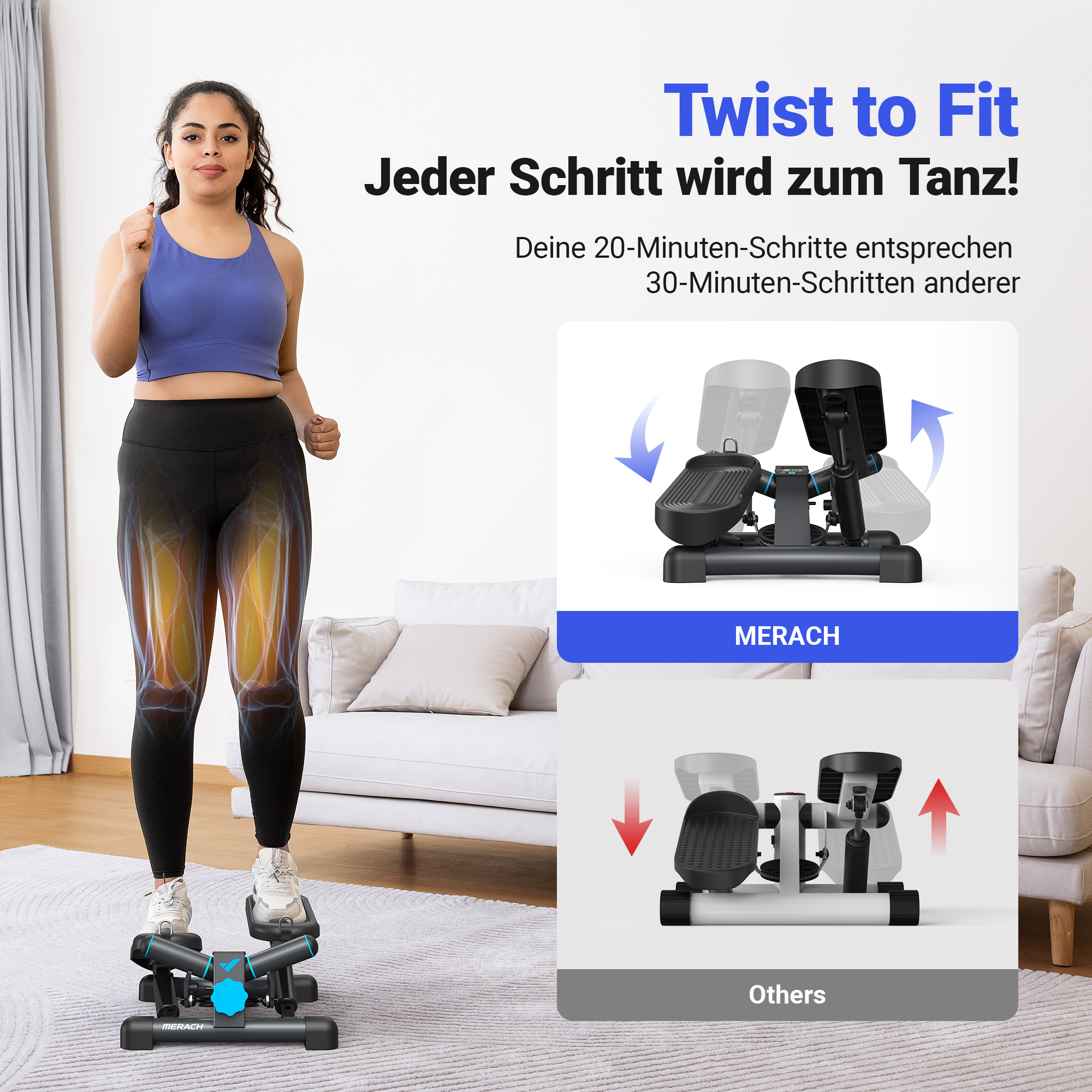 Eine Frau trainiert auf einem Heimtrainer mit blauem Oberteil und schwarzen Leggings.