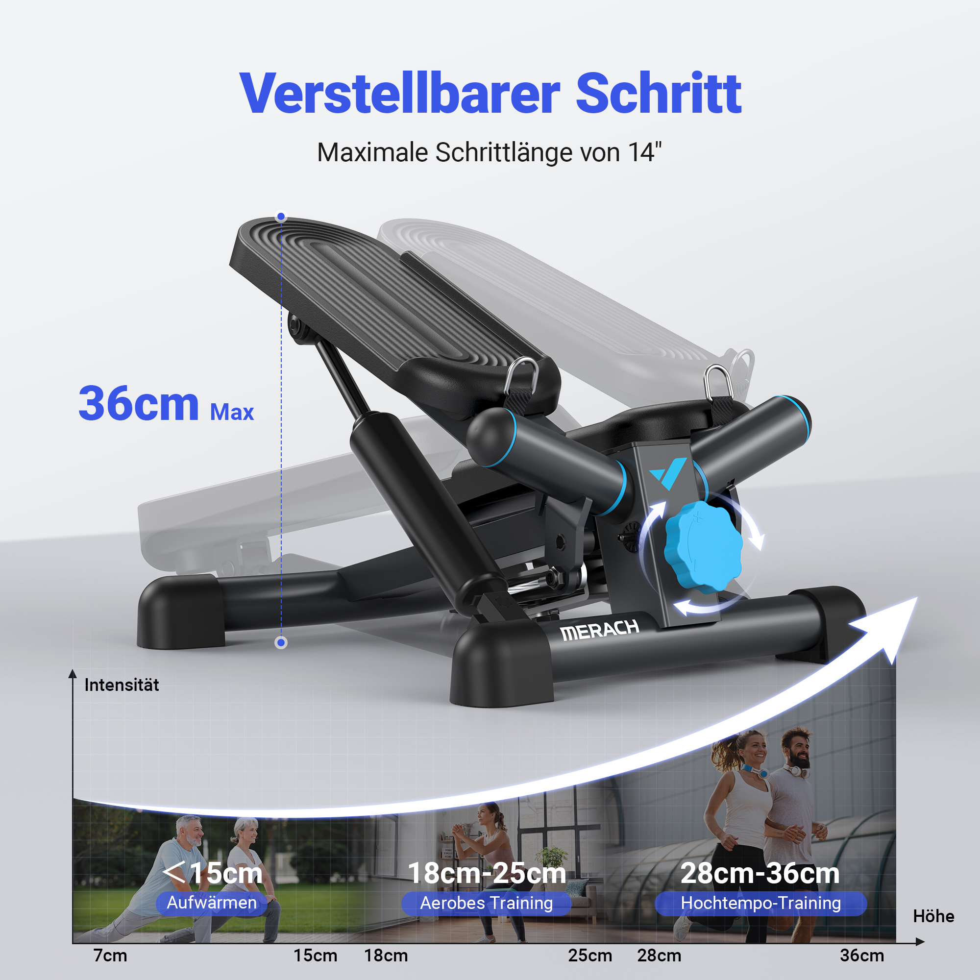Ein schwarzer Stepper mit einstellbarer Schrittlänge, ideal für verschiedene Trainingsintensitäten.