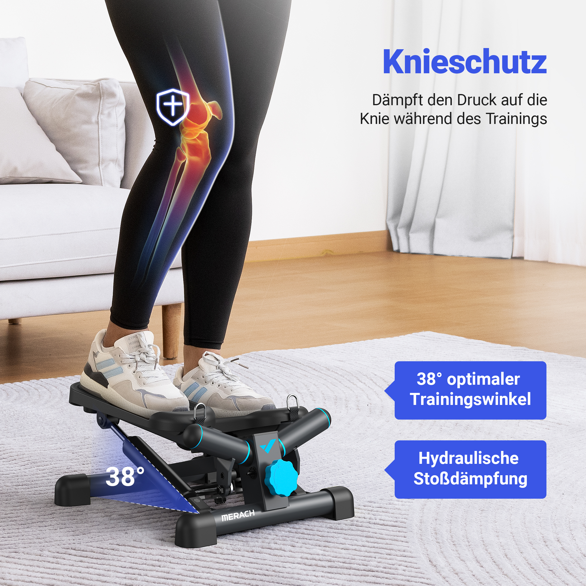 Person auf einem Stepper mit Knie-Grafik. 38° Winkel.