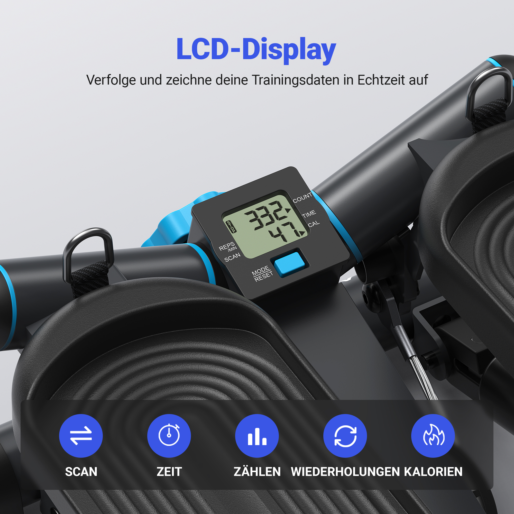 Nahaufnahme des Displays eines Heimtrainers mit Trainingsdaten wie Wiederholungen und Zeit.