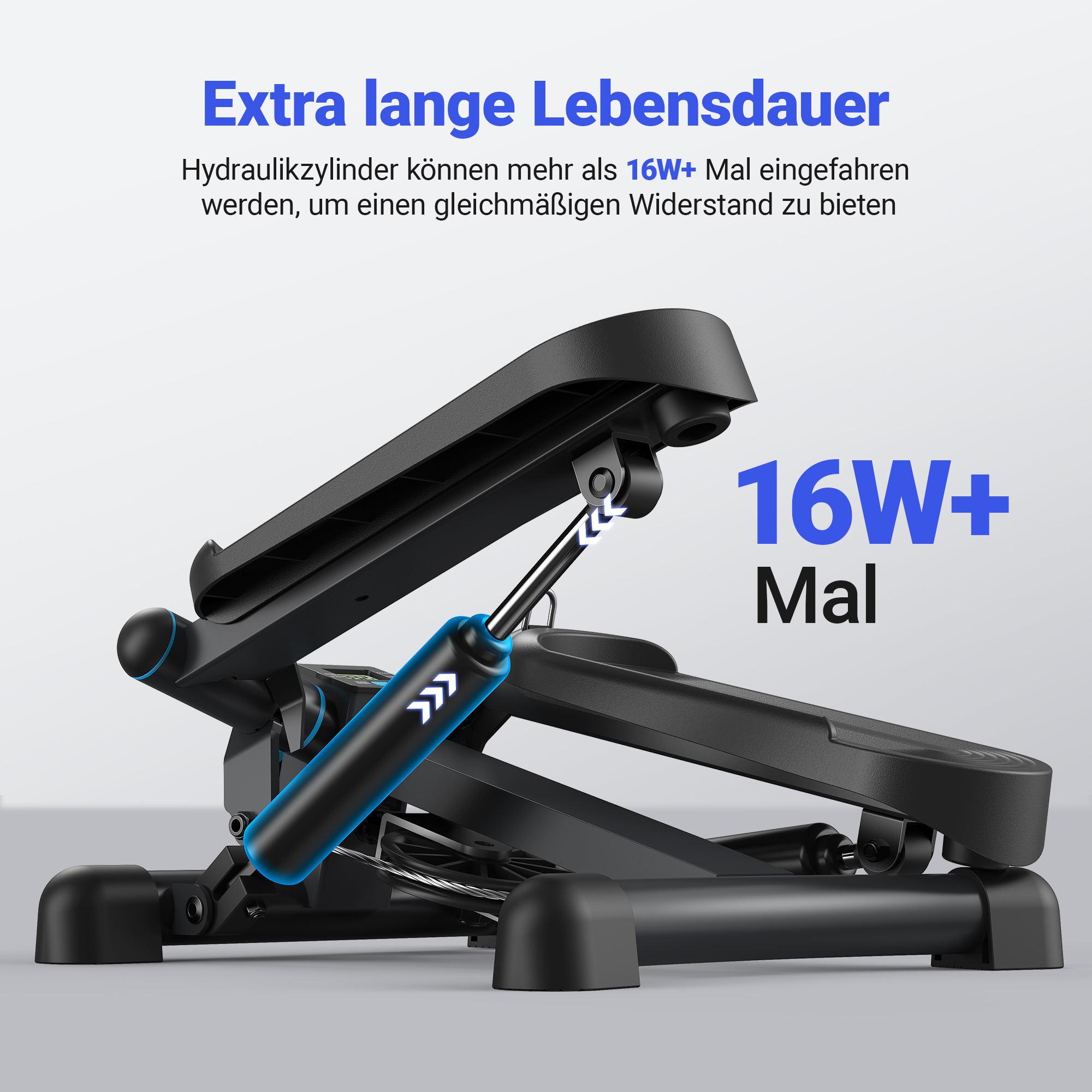 Schwarzer Heimtrainer mit blauem Hydraulikzylinder. Betonung auf 16W+ Mal.