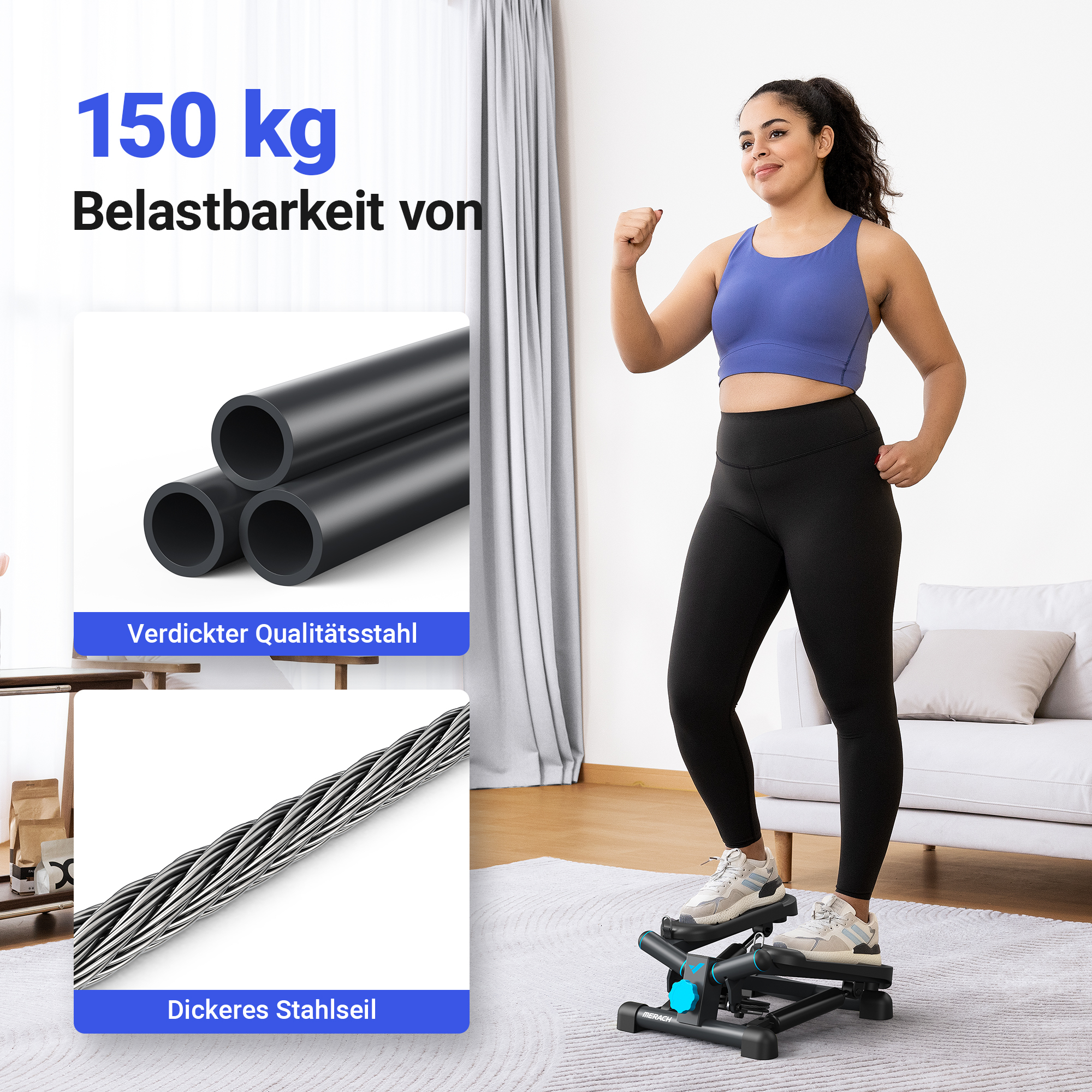 Eine Frau trainiert auf einem Stepper. Links sind Rohre und ein Stahlseil abgebildet.