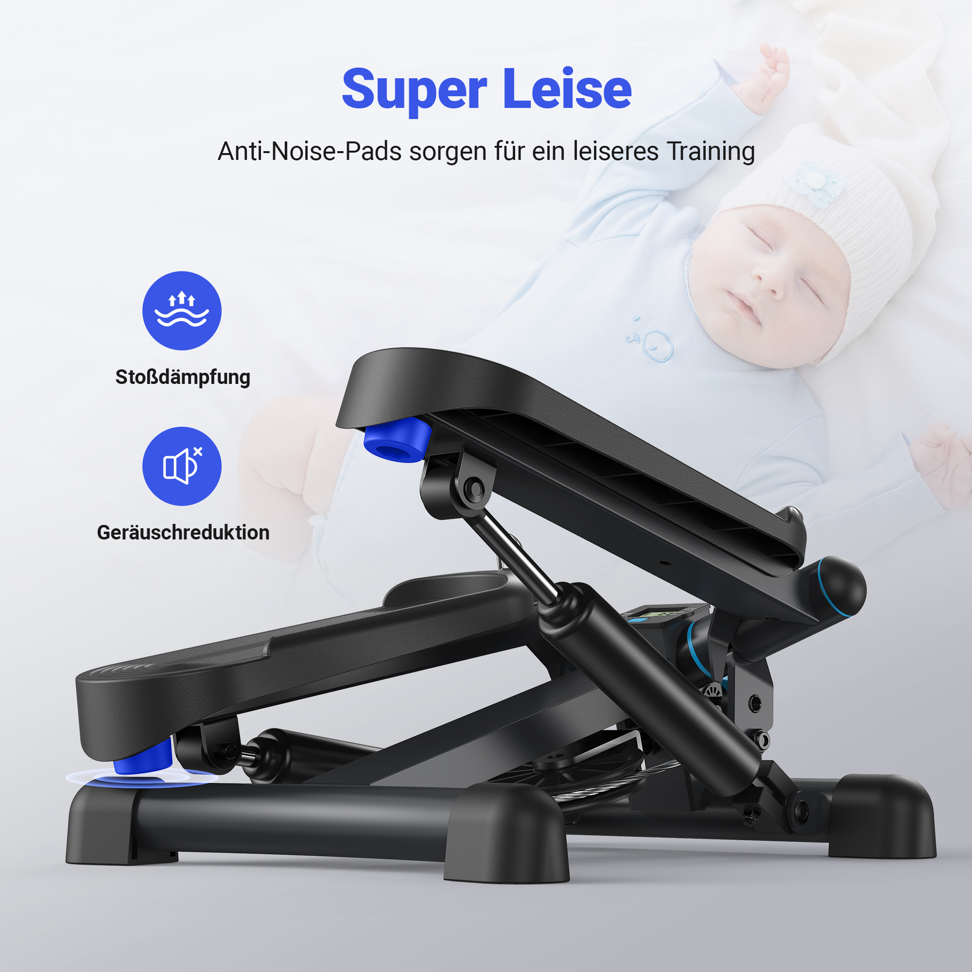 Ein schwarzer Stepper steht vor einem schlafenden Baby. Text über Geräuschreduktion.