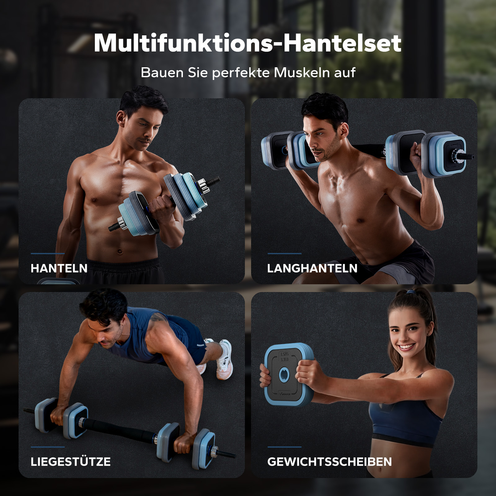 Ein Mann hebt Hanteln, ein anderer macht Liegestütze mit einer Hantelstange.