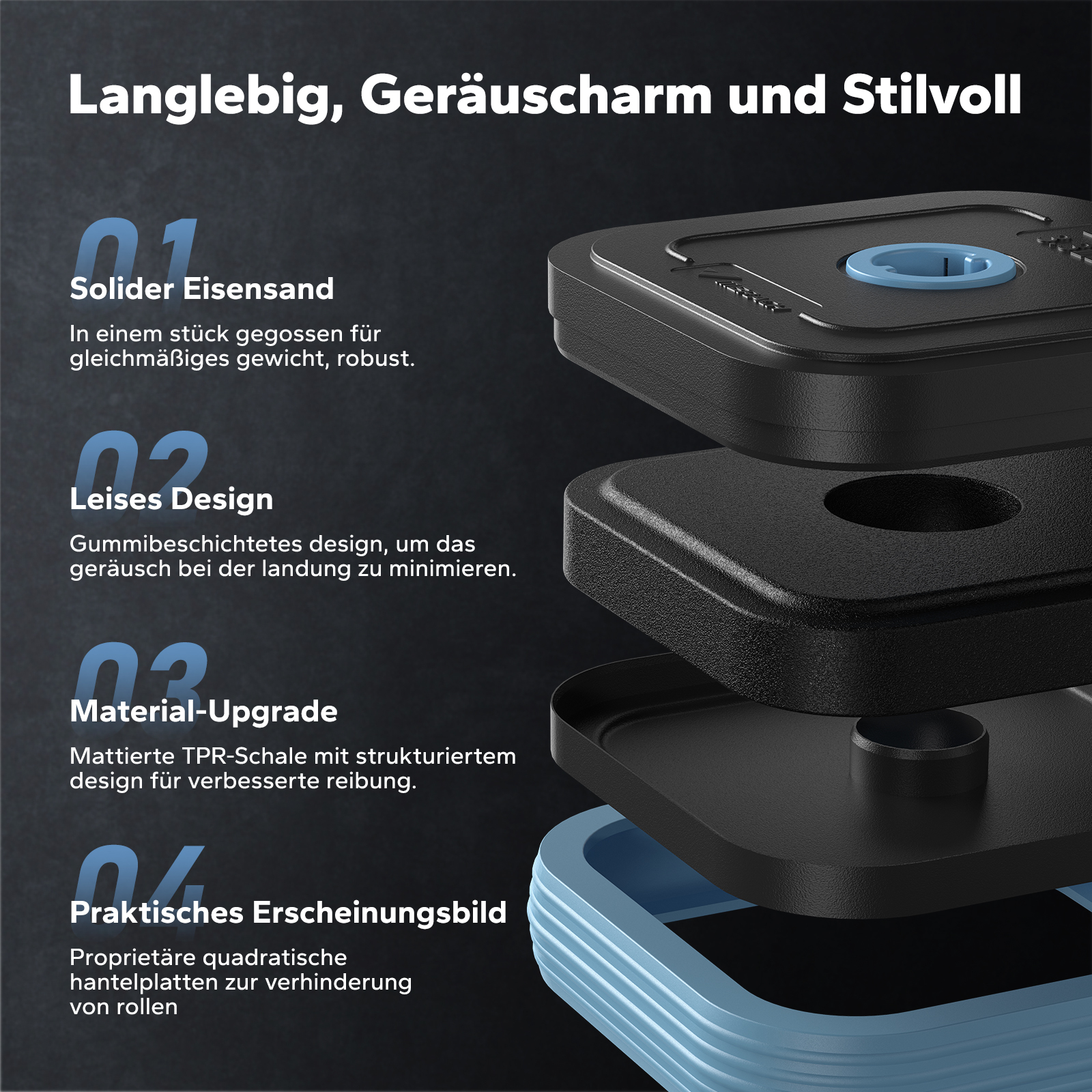 Explodierte Ansicht von schwarzen Gewichten mit blauer Basis, langlebig, leise, stilvoll.