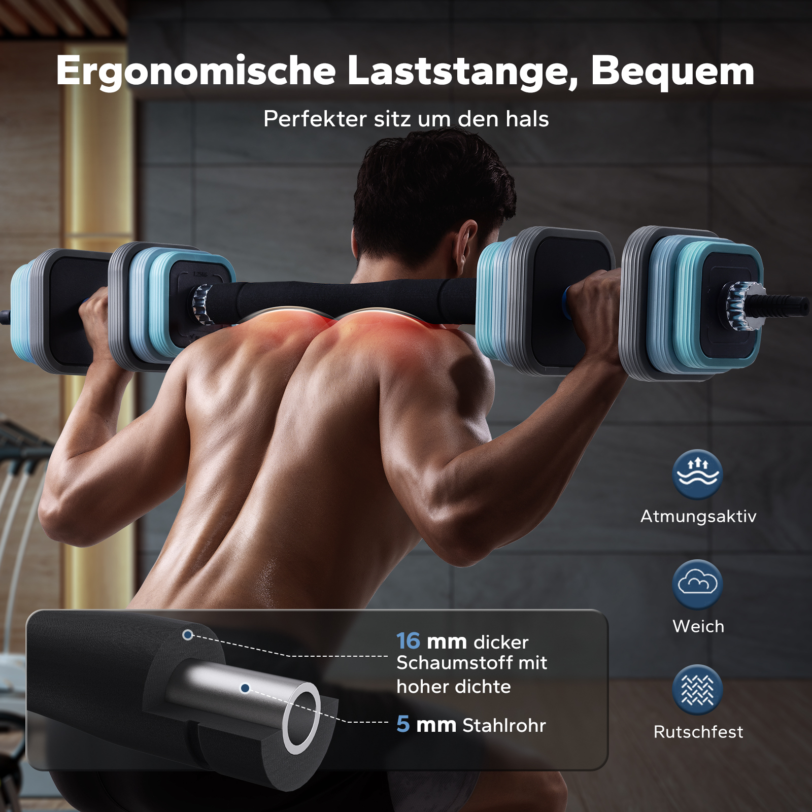 Mann mit Gewichthebergürtel hebt eine Hantel mit ergonomischer Stange.