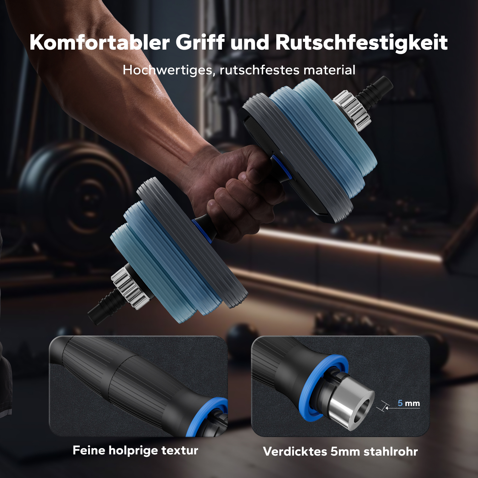 Hand hält Hantel mit blau-grauen Gewichten. Nahaufnahme Griffdetails.