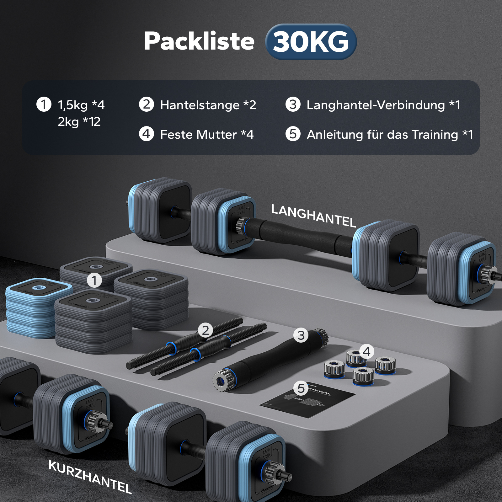 Packliste für ein 30kg Hantelset mit Gewichten, Stangen, Verbindung und Anleitung.