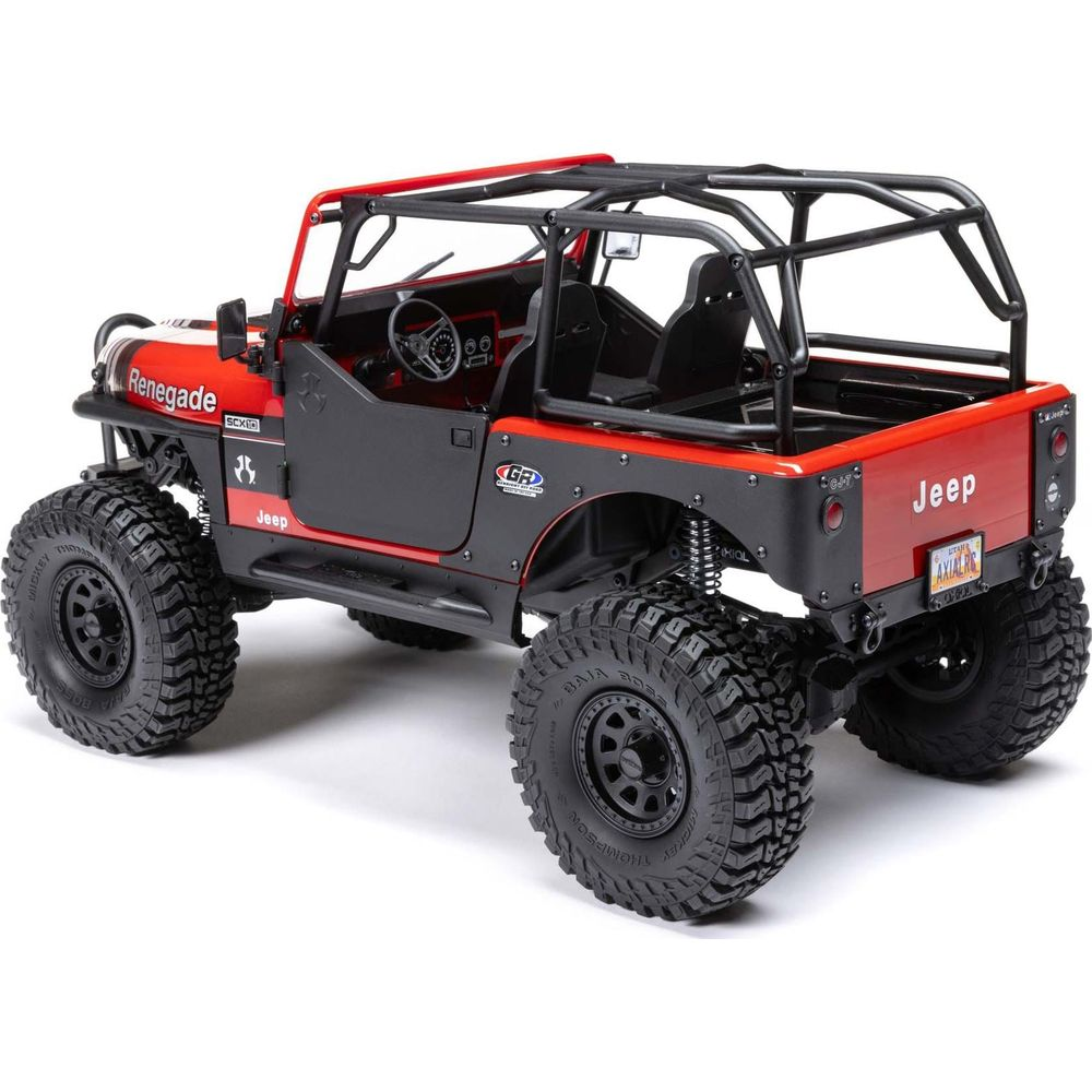 Voiture RC Jeep Renegade rouge avec arceau noir, gros pneus et intérieur détaillé.