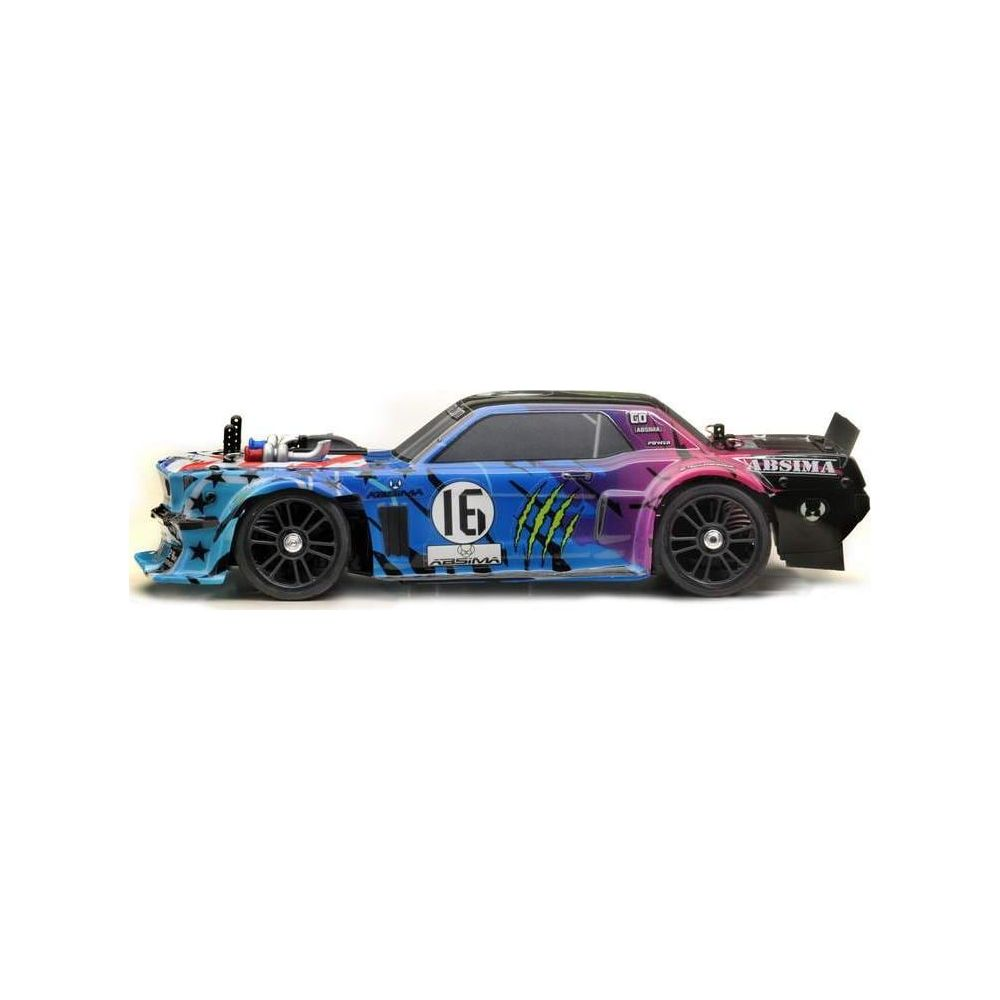 Une voiture de drift télécommandée avec des motifs bleus, roses et étoiles. Elle porte le numéro 16.