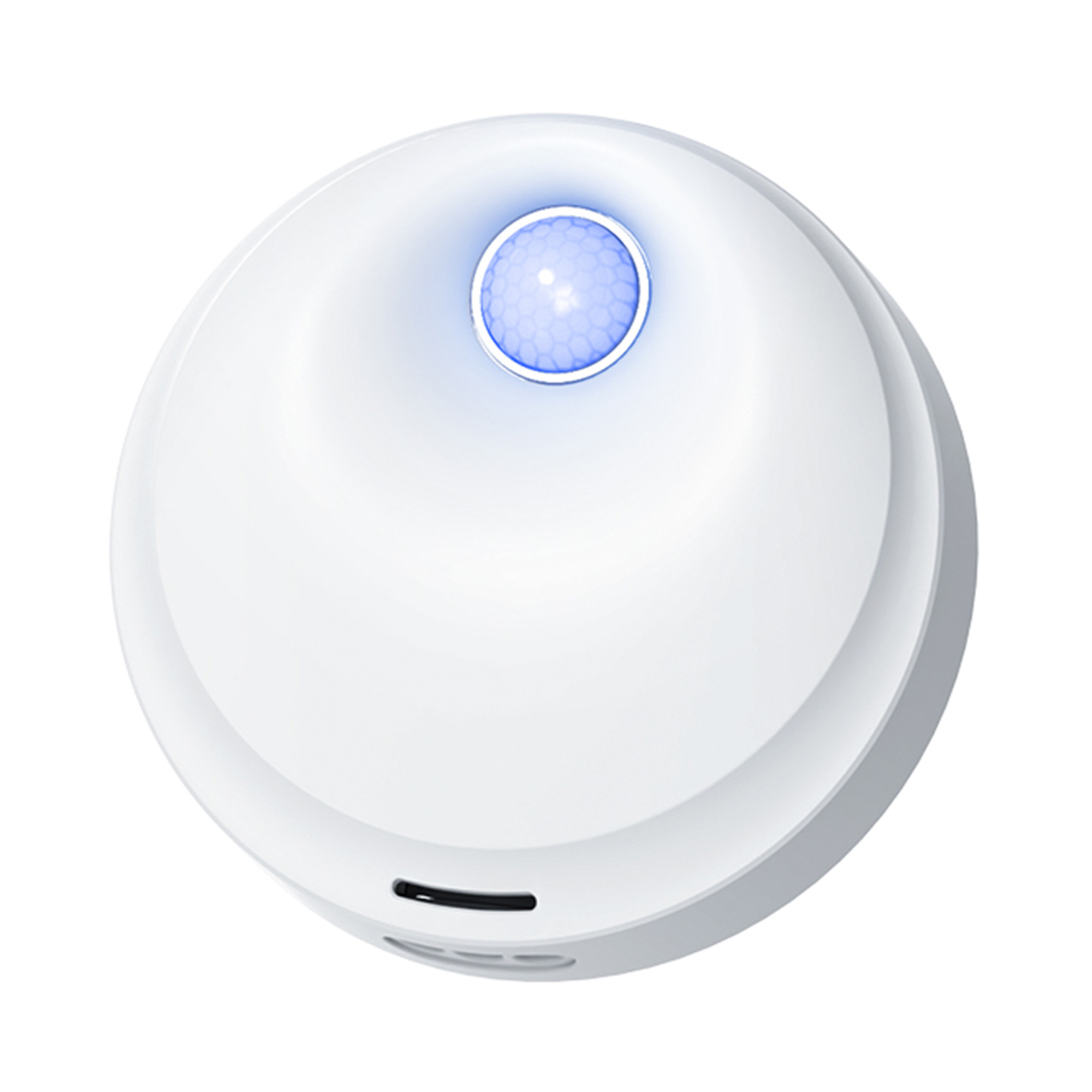 Un sensore rotondo bianco con luce blu e superficie a nido d'ape.