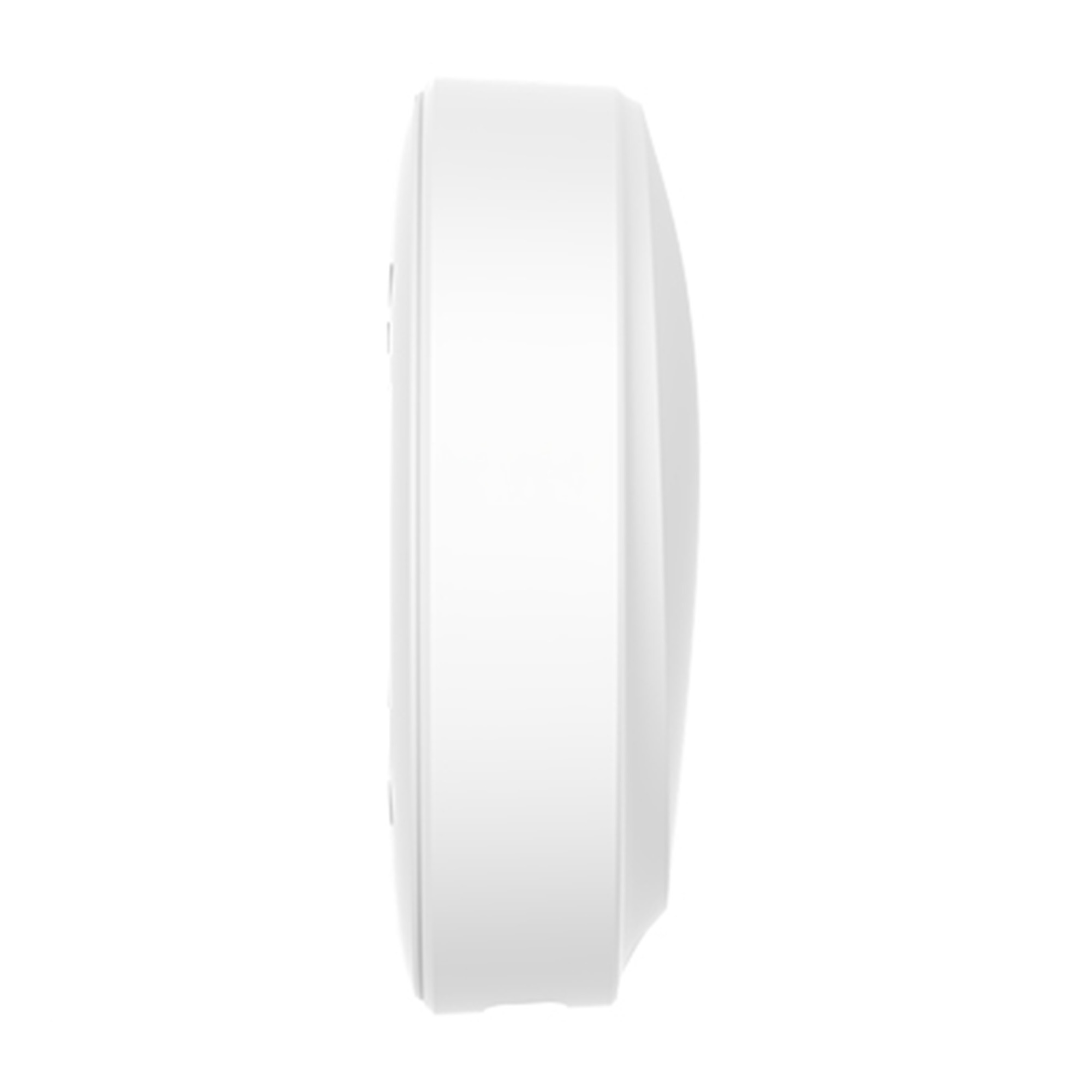 Un oggetto bianco e rotondo visto di lato su sfondo bianco.