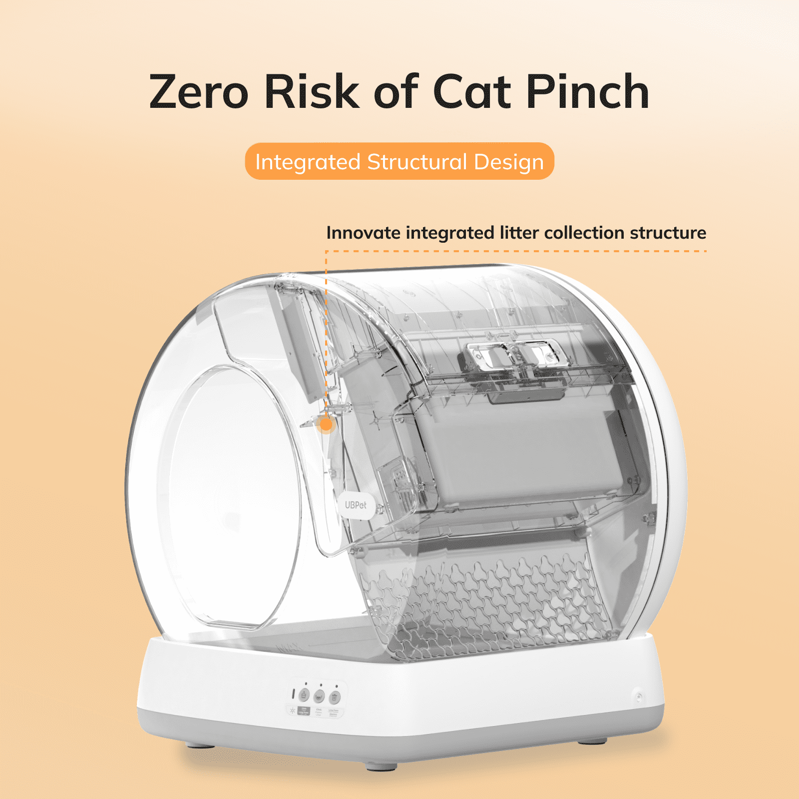 Una lettiera automatica per gatti bianca e trasparente con design integrato.