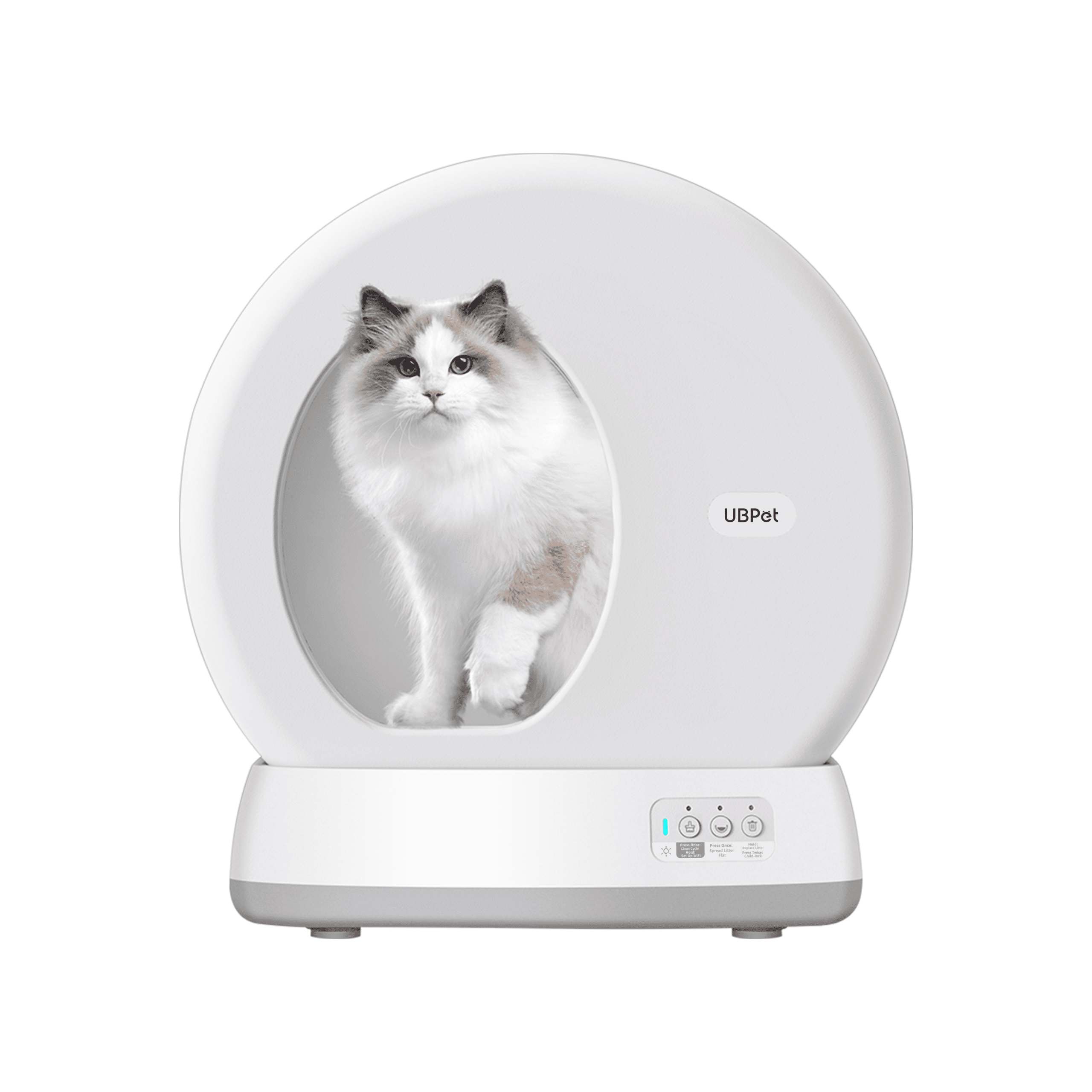 Un gatto bianco è seduto in una lettiera bianca con pannello di controllo.