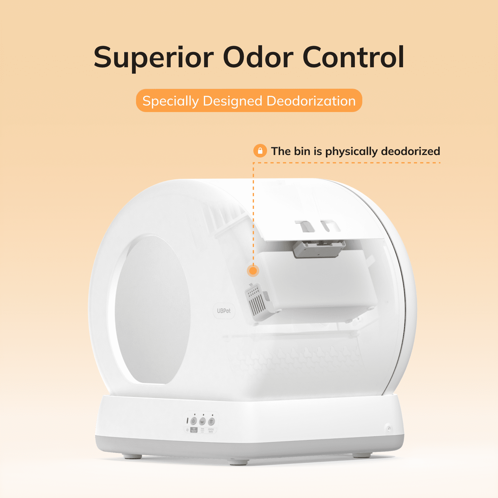 Una lettiera automatica bianca e moderna con scomparto aperto, che mostra il controllo degli odori.