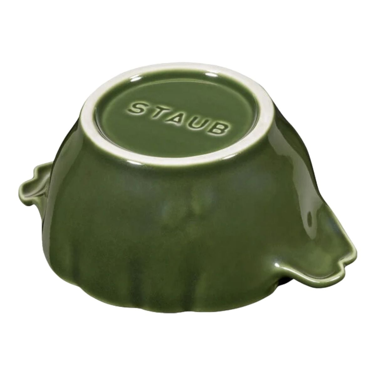 Cuenco verde Staub con patrón de hoja, boca abajo.