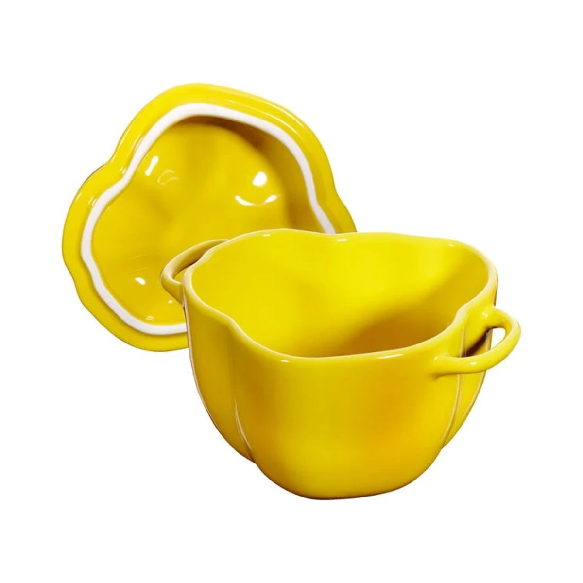 Żółta ceramiczna miska z uchwytami i dopasowana pokrywka obok.