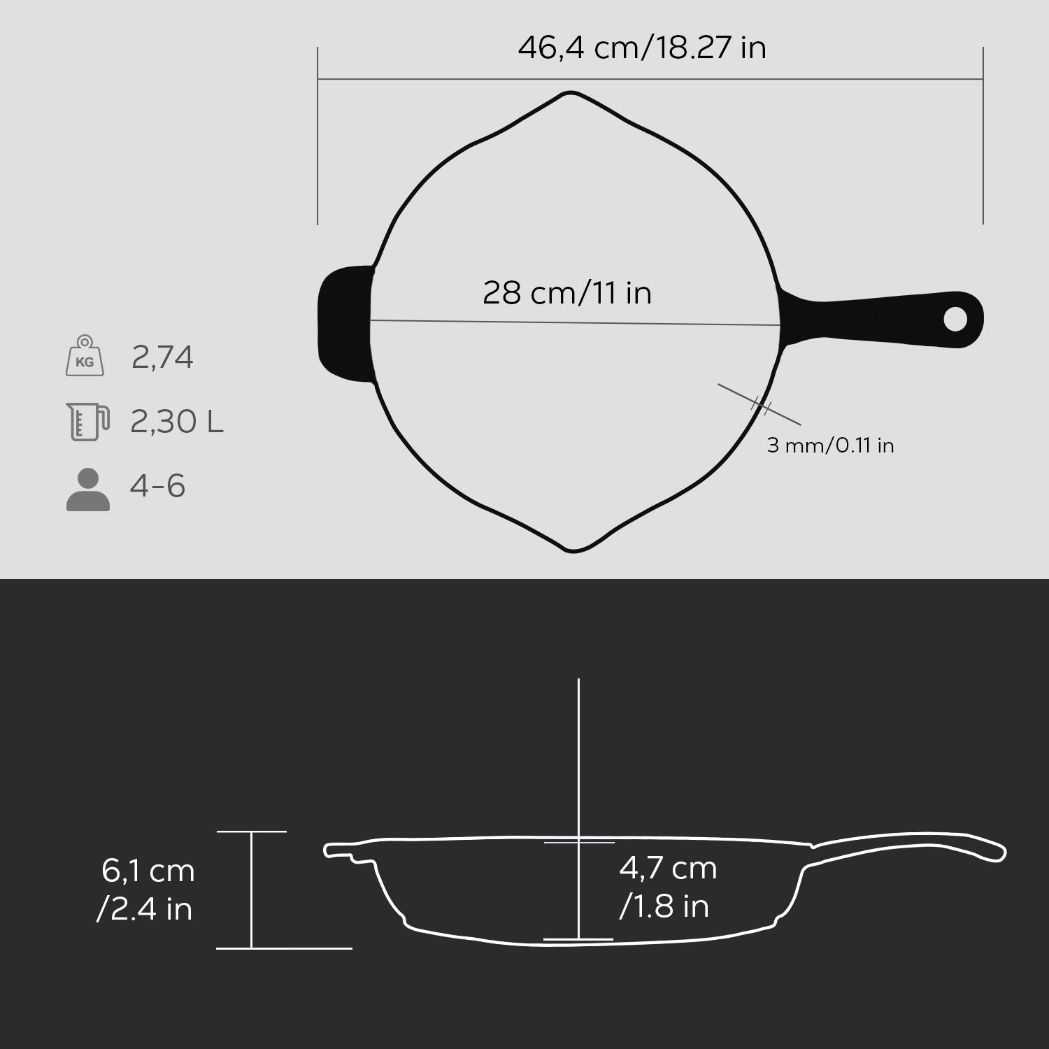 Tava taslağı boyutlarıyla: 46,4cm genişlik, 28cm çap, 3mm kalınlık. Ağırlık 2,74kg, kapasite 2,30L.