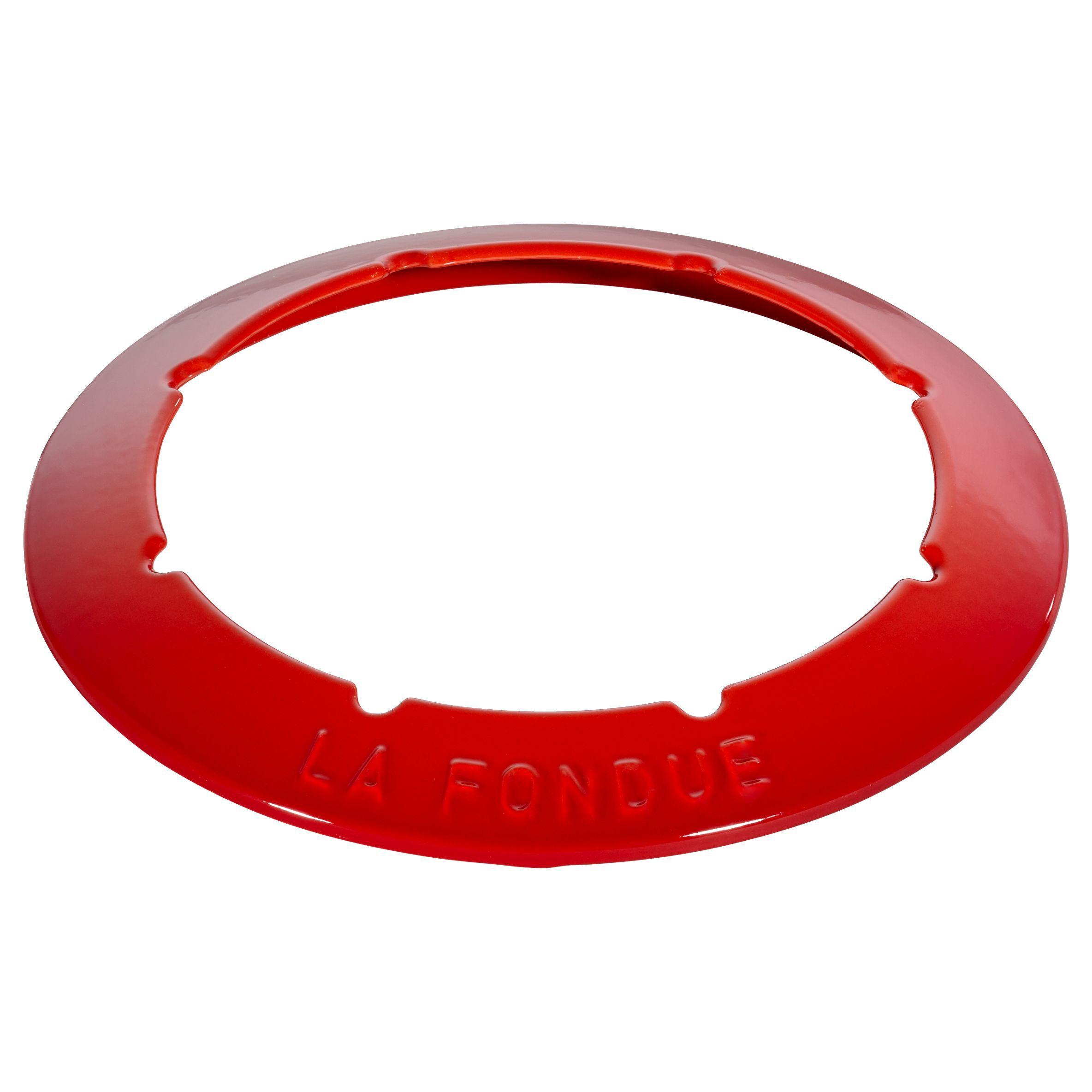 Un anello metallico rosso con la scritta LA FONDU, su sfondo bianco.