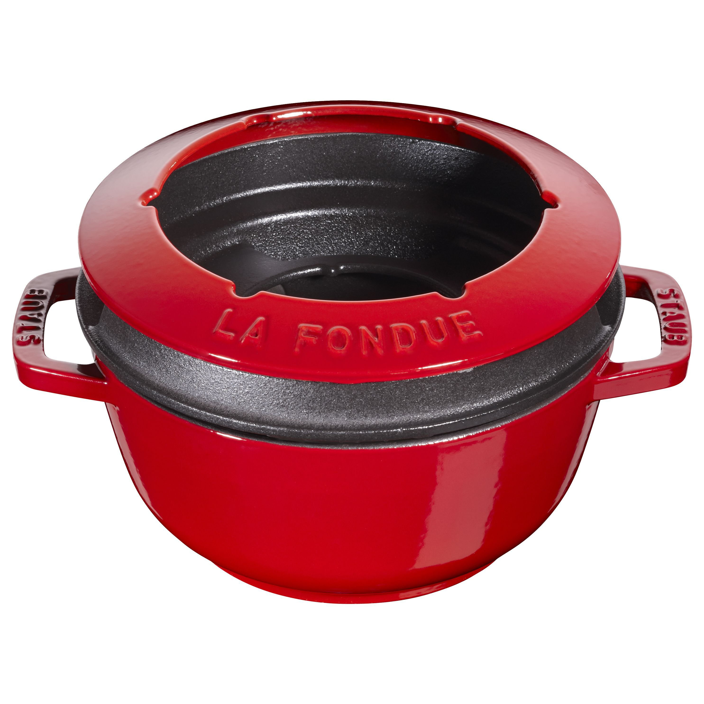 Pentola da fonduta rossa in ghisa con manici neri e iscrizione "LA FONDUE".