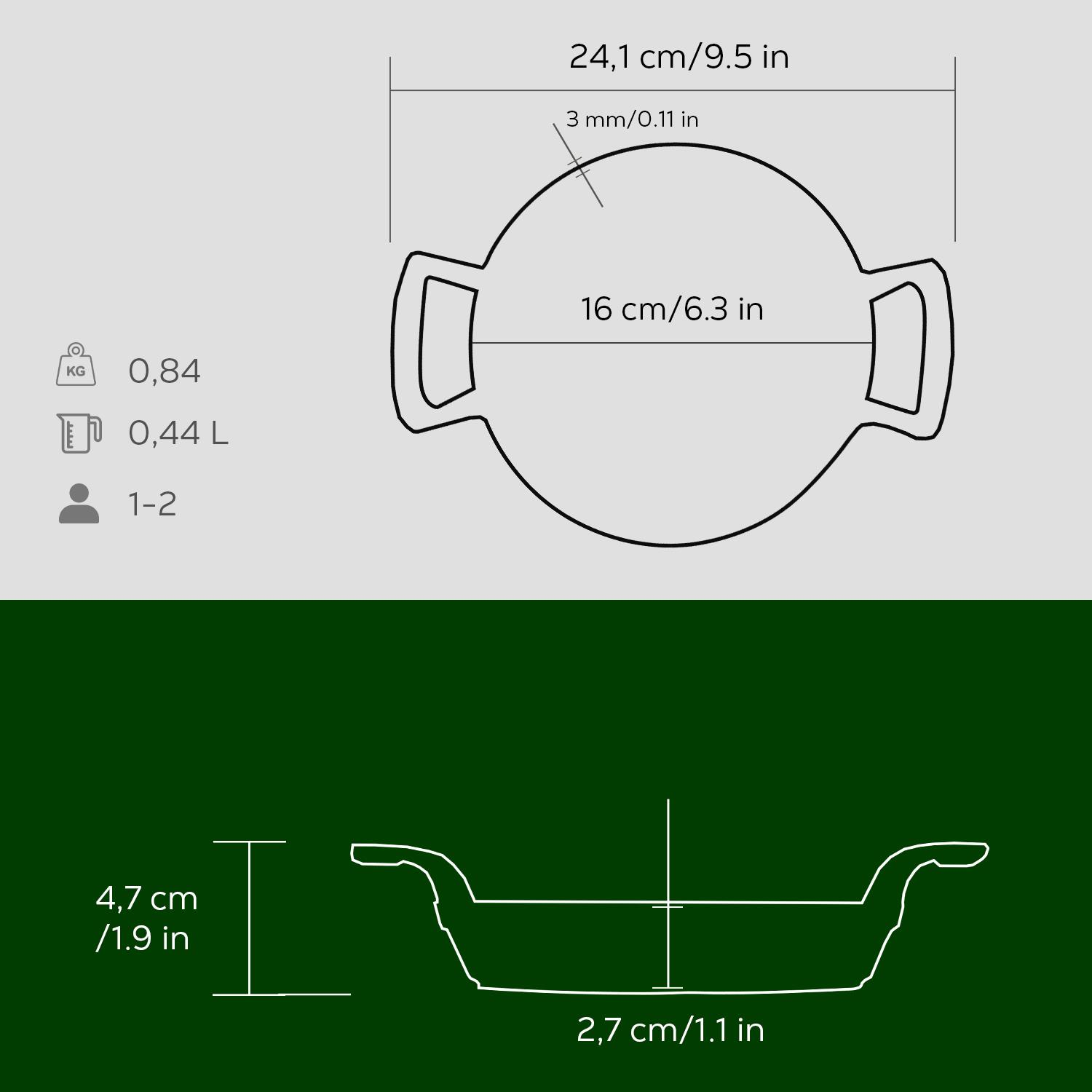 Tencere teknik çizimi, ölçüler: 24,1x16 cm, 4,7 cm yükseklik, 0,84 kg, 0,44 L.