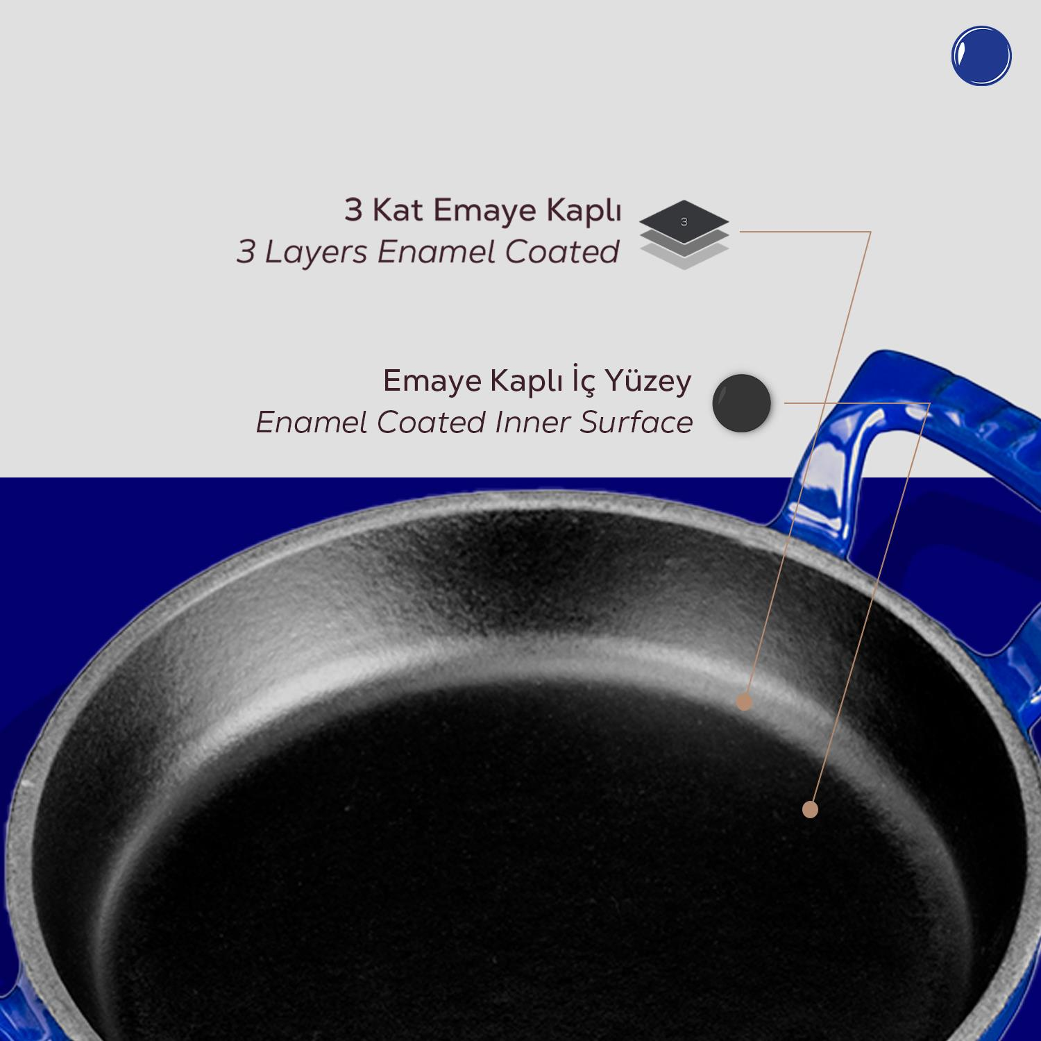 3 kat emaye kaplamalı mavi tencere, ayrıntılı olarak gösteriliyor.