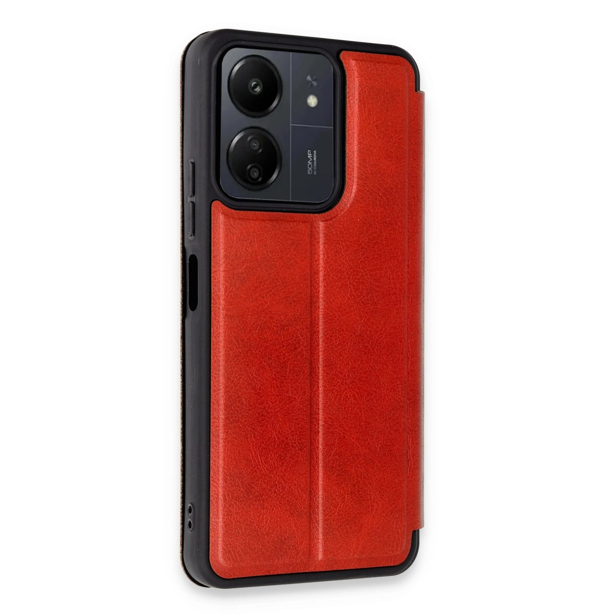Kırmızı deri telefon kılıfı, görünür kameralar ve düğmeler.