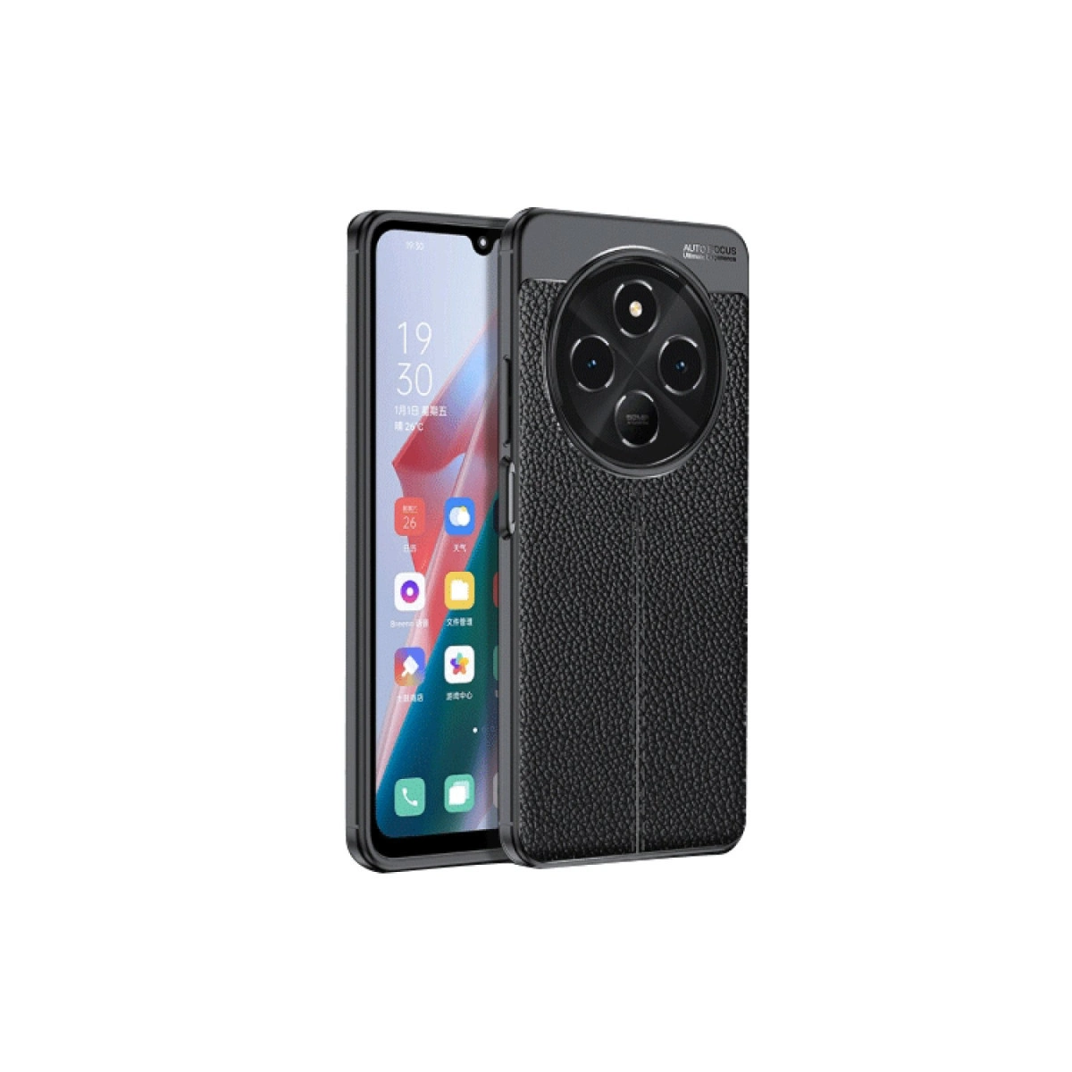 Dört kameralı, dokulu kılıflı siyah akıllı telefon beyaz zeminde.