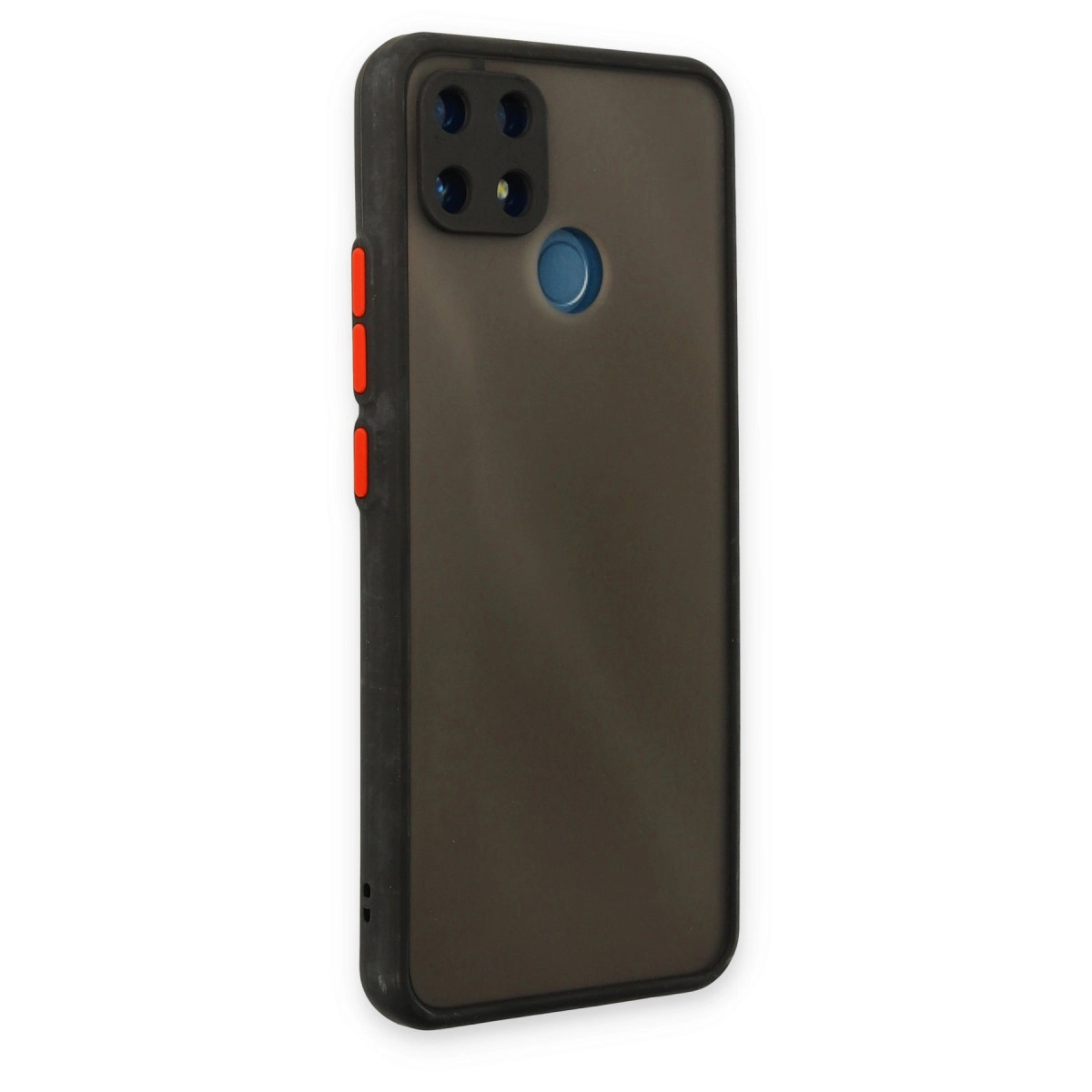 Koyu renkli telefon kılıfı, kırmızı düğmeli ve kare kamera açıklıklı.