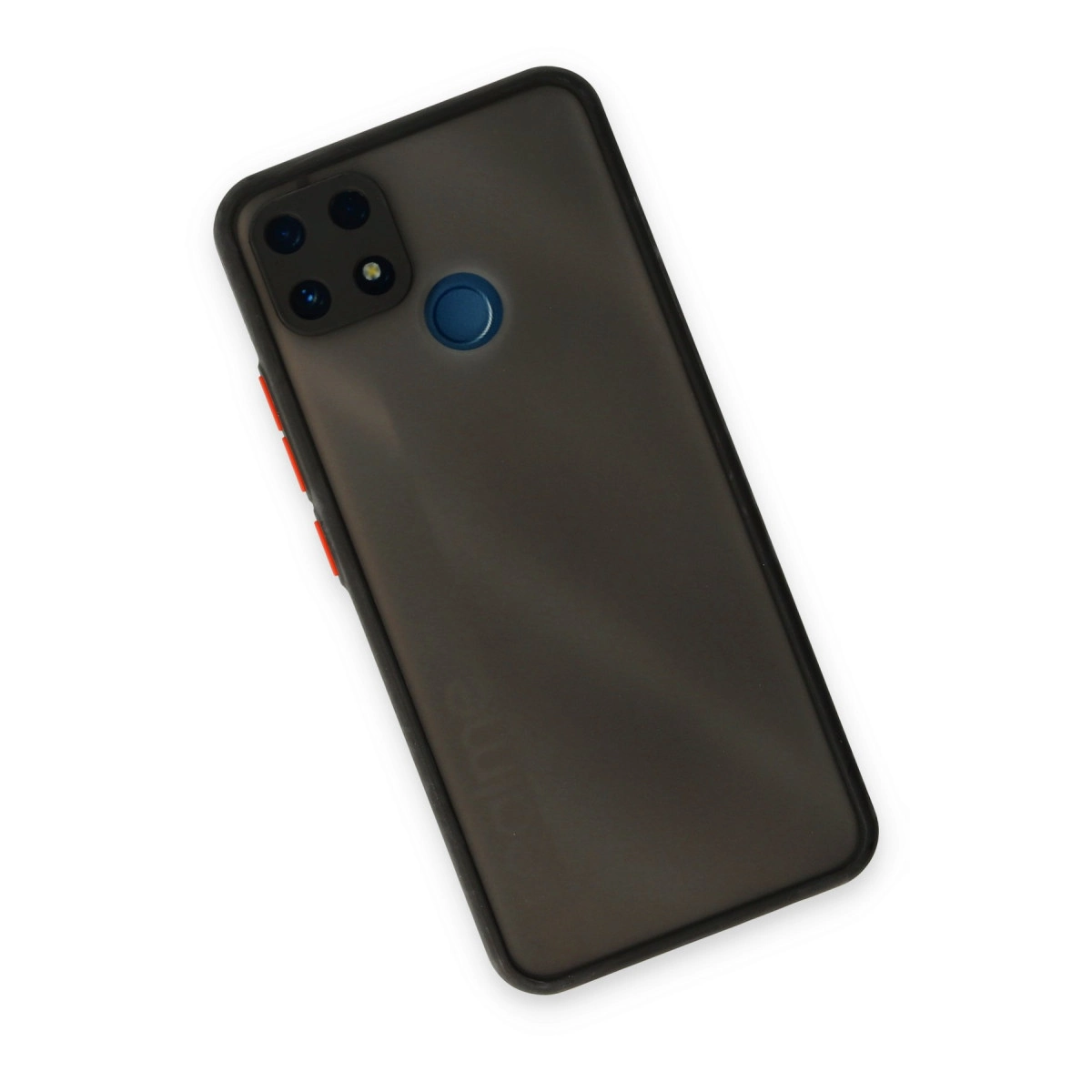 Dört kameralı, mavi parmak izi sensörlü ve kırmızı düğmeli koyu gri akıllı telefon.