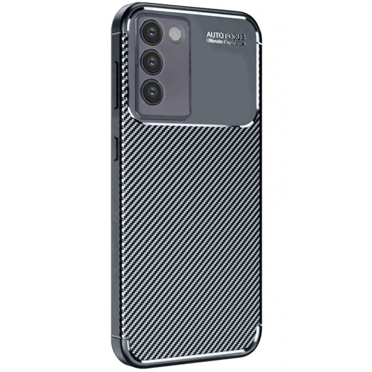 Karbon desenli ve üçlü kameralı siyah telefon kılıfı.