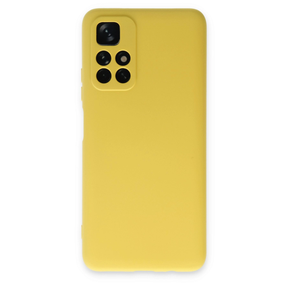 Sarı telefon kılıfı, arkada dörtlü kamera kesiği bulunur.
