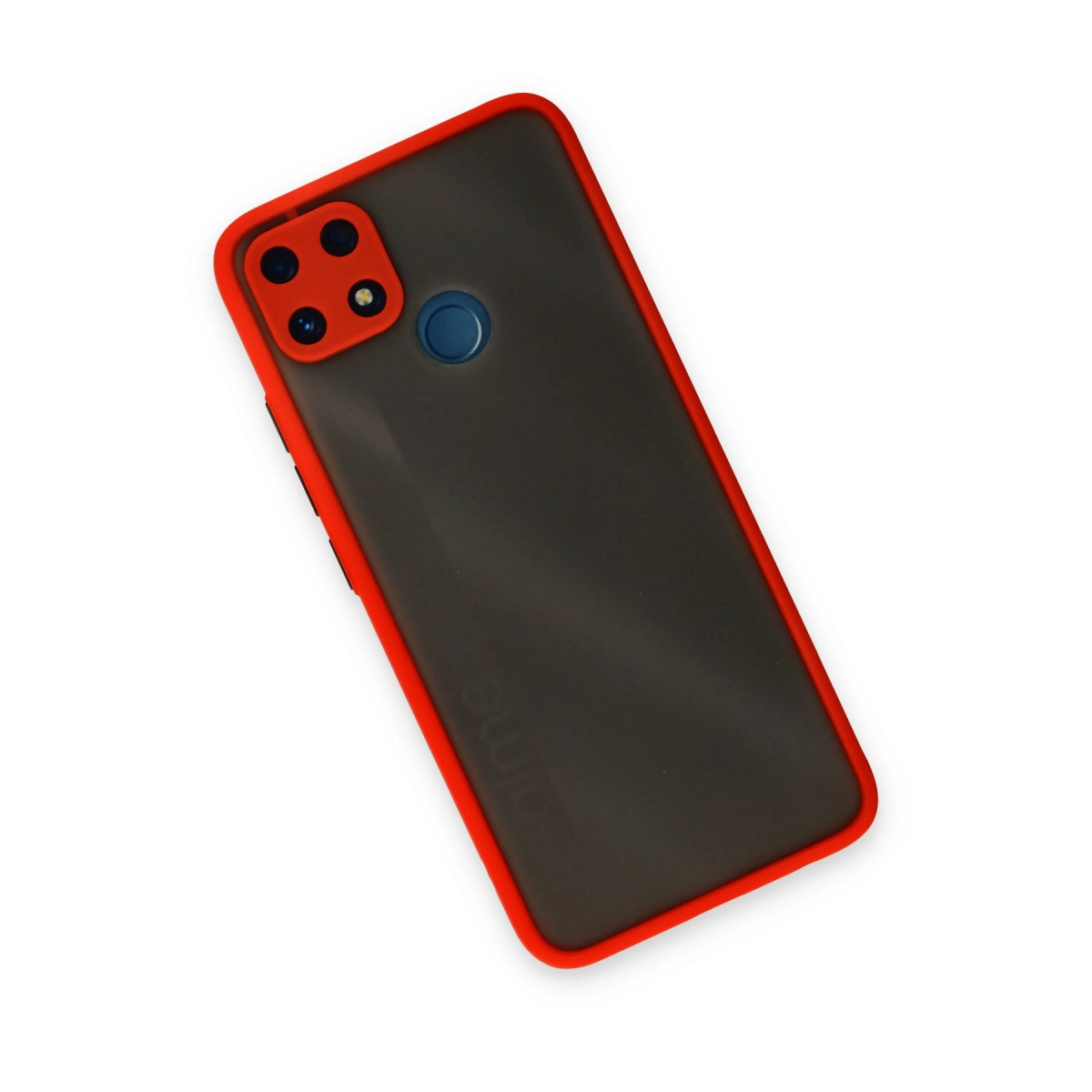 Kırmızı kenarlı, dört kameralı siyah telefon kılıfı.