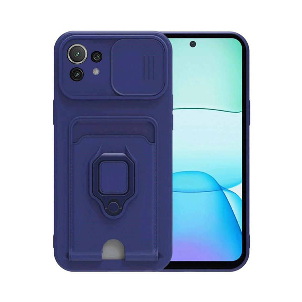 Kamera kapaklı, kartlıklı ve halkalı lacivert telefon kılıfı.
