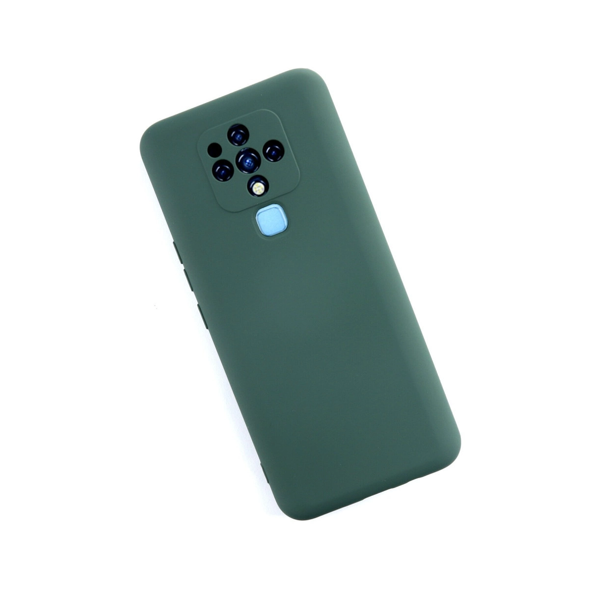 Dört kamera lensi ve mavi parmak izi sensörlü koyu yeşil telefon kılıfı.
